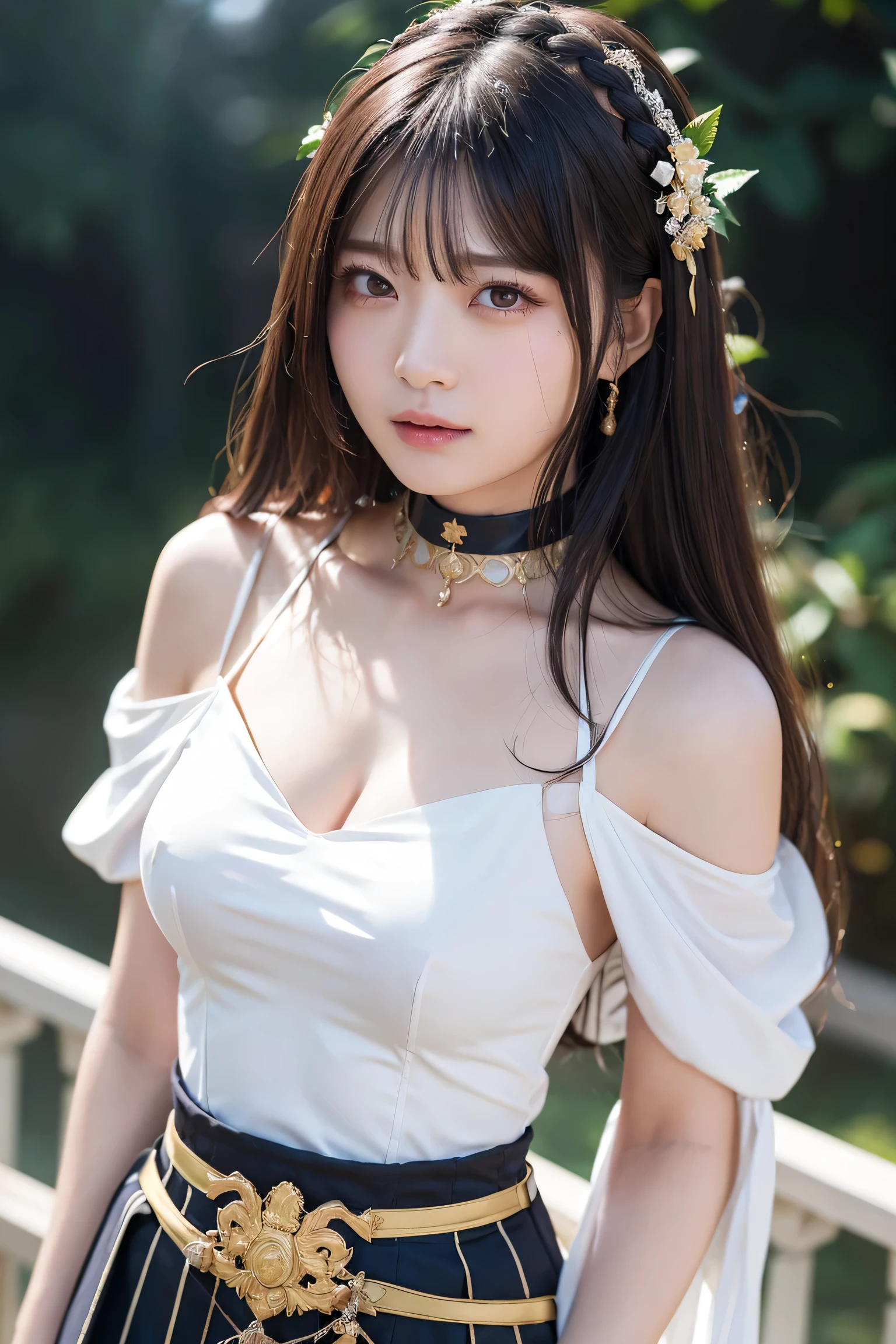(8k, Photorealistic, Raw photo, Highest quality: 1.4),Japanese idol style1Beautiful girl of the person,18-year-old,Twin tail hairstyle,Silver Hair,Hang your hair over your ears,Wearing small earrings in the ears,Big, clear grey eyes,Long eyelashes,Tear bags,There is a blackhead under the left eye,Plump Cheeks,Pink lip gloss for glossy, plump lips,Smiling,No teeth showing,Both hands have black nail polish on their nails,Large Breasts,The cleavage is visible,Wearing a black off-the-shoulder gothic lolita dress,The gothic lolita dress is accented with white lace in parts.,Standing on the grass under a tree in the park,Arms folded under chest,She is surrounded by the gentle sunlight filtering through the trees.,Knee Top Portrait,View from below,Looking down at the camera