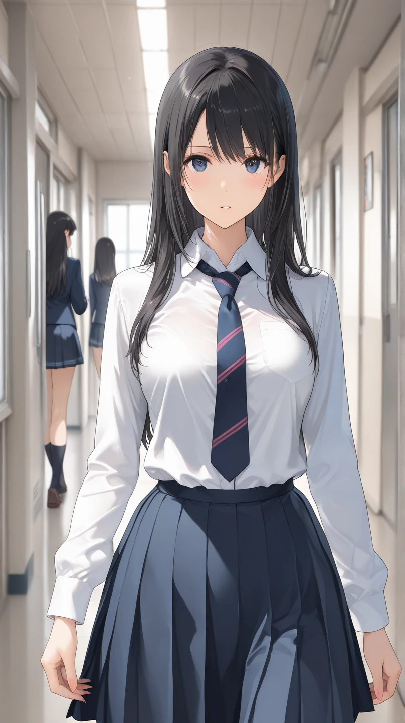 ((best quality)), ((masterpiece)), (detailed), (((perfect face))), ((((slender 16yo teen girl)))), (((wearing button up white shirt, dark blue pleated skirt))), ((brunette)), ((blue eyes)), ((ponytail)), ((shy:1.3)), ((blushing:1.5)), ((skinny thighs)), ((skinny hips)), (((crowded room with teens in suits))), (((shy arms))), ((((empty shirt collar)))