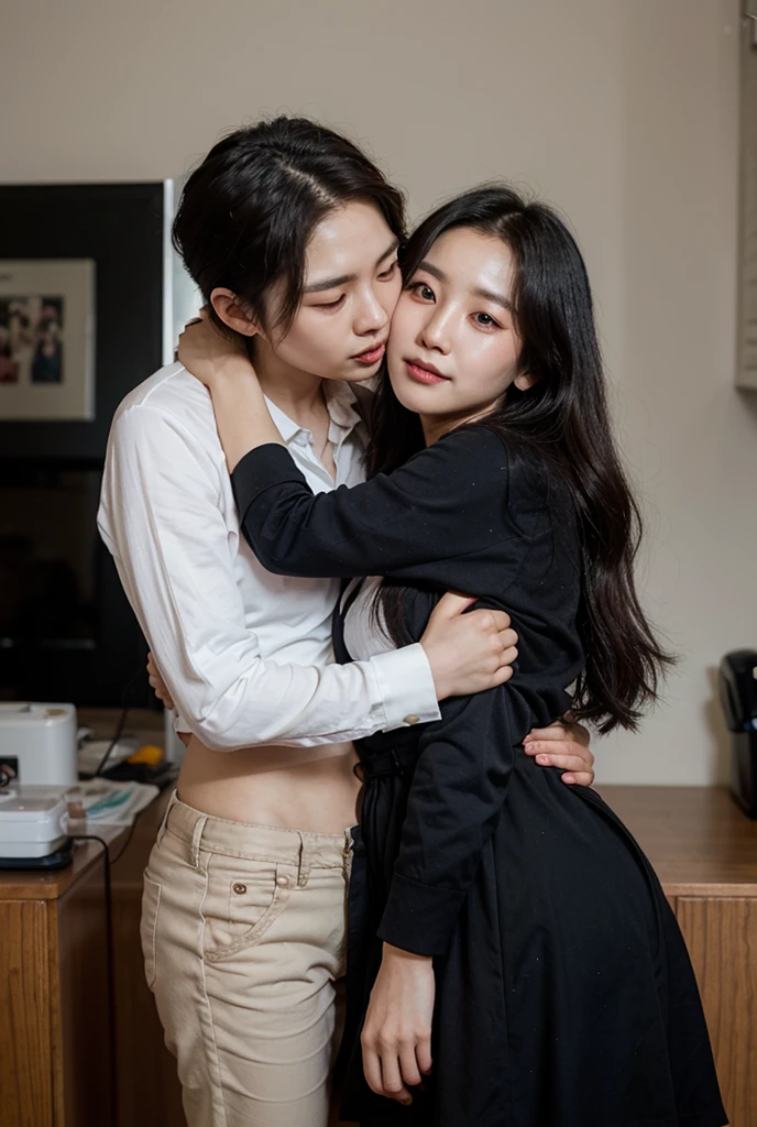 An image of two young people kissing, the boy is 17 years old, Bblack hair, and he is muscular, and wears a black shirt that tightens his muscles, Already on his lap is a chubby girl kissing him, she has brown hair, a mix of waves and curls, She wears a black pleated skirt and a white cardigan, Their faces do not appear in the image because they are kissing
