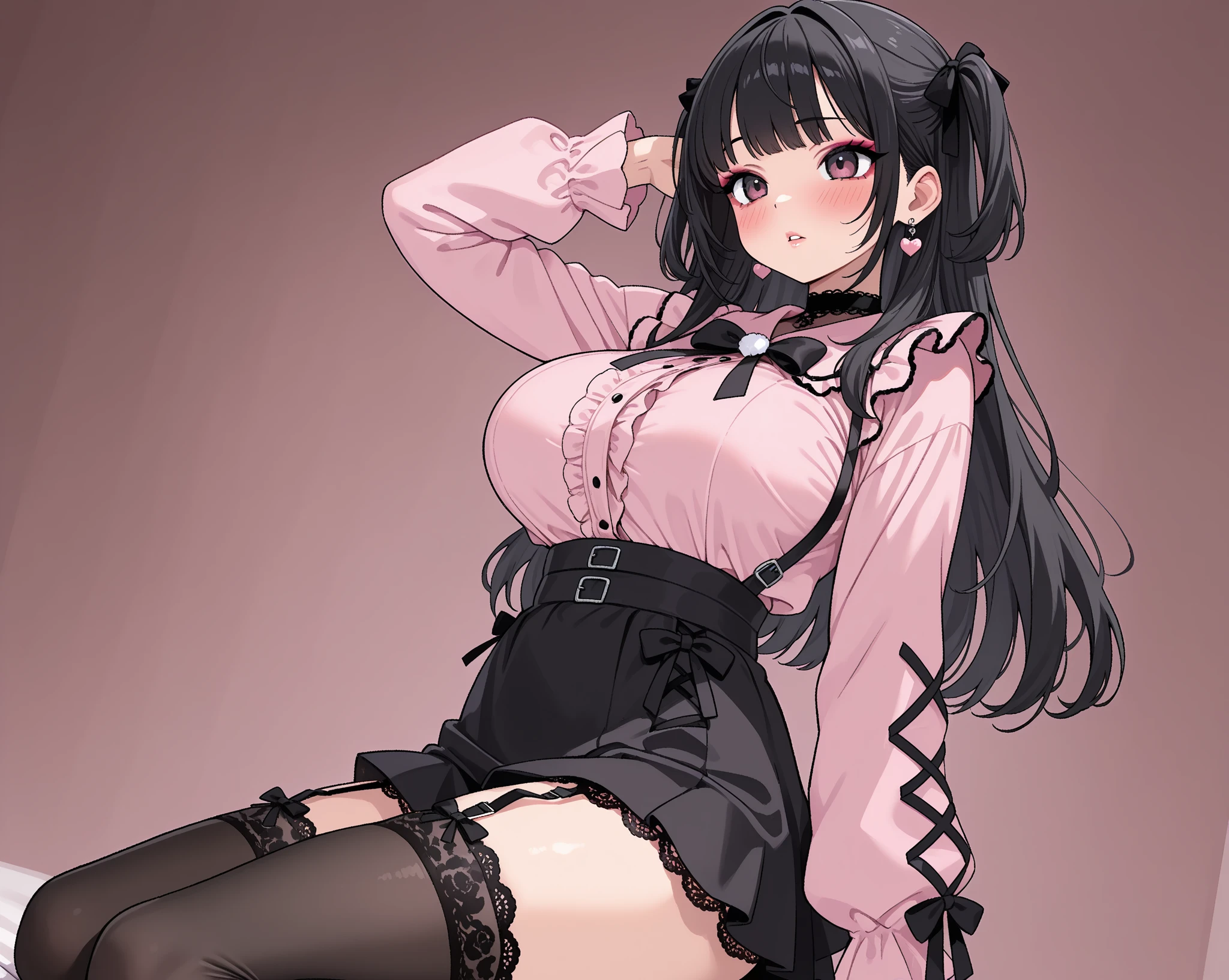 ((masterpiece、Highest quality、Very detailed))、One Girl、Black Hair、Medium Hair、twintails、blunt bangs、Pink eyes、evil smile、((Grin))、Earrings、Large Breasts、((Pink frilly outfit))、Long sleeve、((Black pleated skirt))、((black thighhighs))、Leather shoes、((sitting knees up))、((open legs:1.2))、((black panties))、Shoot from below、Bedroom Background