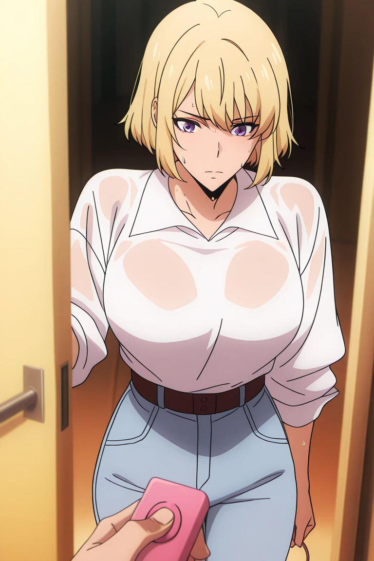 Sister, in school uniform, See-through wet and bra, 8K, Best Quality, 14 years old, View camera at, Red cheeks, embarrassed, Delicate hands, Own room, dear brother, Tsundere