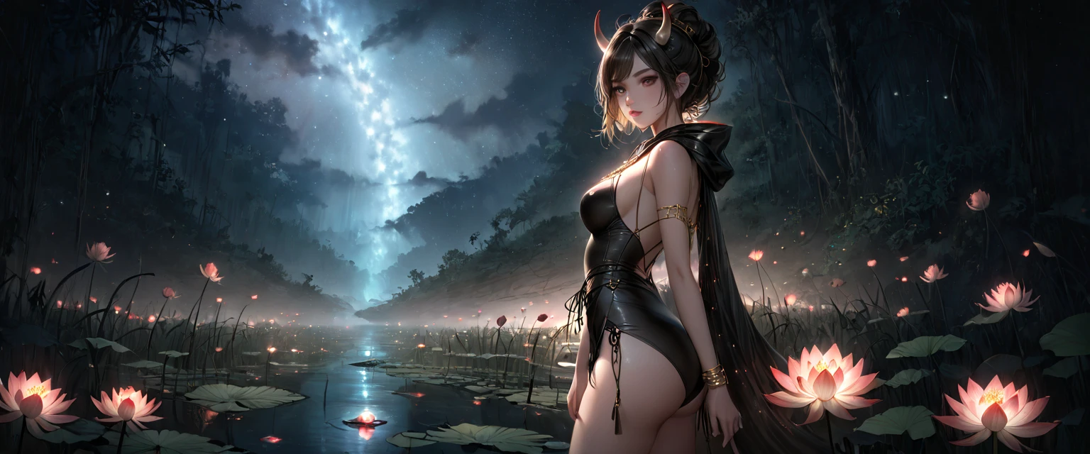 ((Need)), ((tmasterpiece)), (A detailed), Enchanting succubus, Sexy beauty, Perched in clouds, (fantasy illustrations:1.3), Seductive gaze, Charming seductive pose, tight top, wearing golden armour,otherworldly charm, Mysterious Sky, Strange fire clouds,the setting sun,moon full,Seductive pose,Chibi Ancient City,Large portrait building,Head facing right。