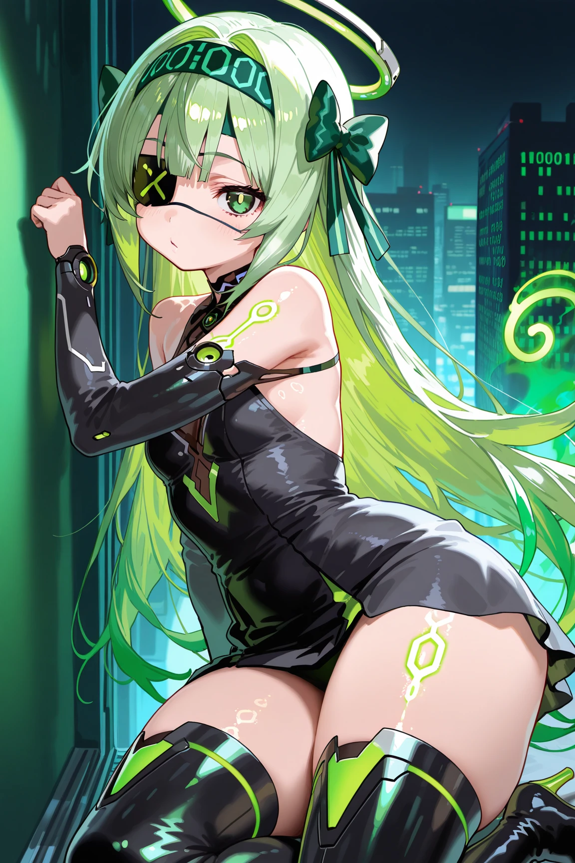 ((masterpiece,Highest quality:1.3)),cowboy shot,1woman,30 year old beauty,Investigator、独奏,(very small head:1.3),green hair,(low ponytail),long hair,blunt bangs,green eyes,gorgeous eyes,shy,Heavy breathing、medium breasts,(very long body:1.2),(toned body,slender body,skinny),gleaming skin,shiny skin,(Black leather high leg bodysuit、Green Line、Long sleeve,Micro Shorts),barefoot、(Black leather combat boots)、Wet crotch、squatting,incontinence、peeing,Dark back alley、Metropolis、cyber punk、World of Blade Runner、