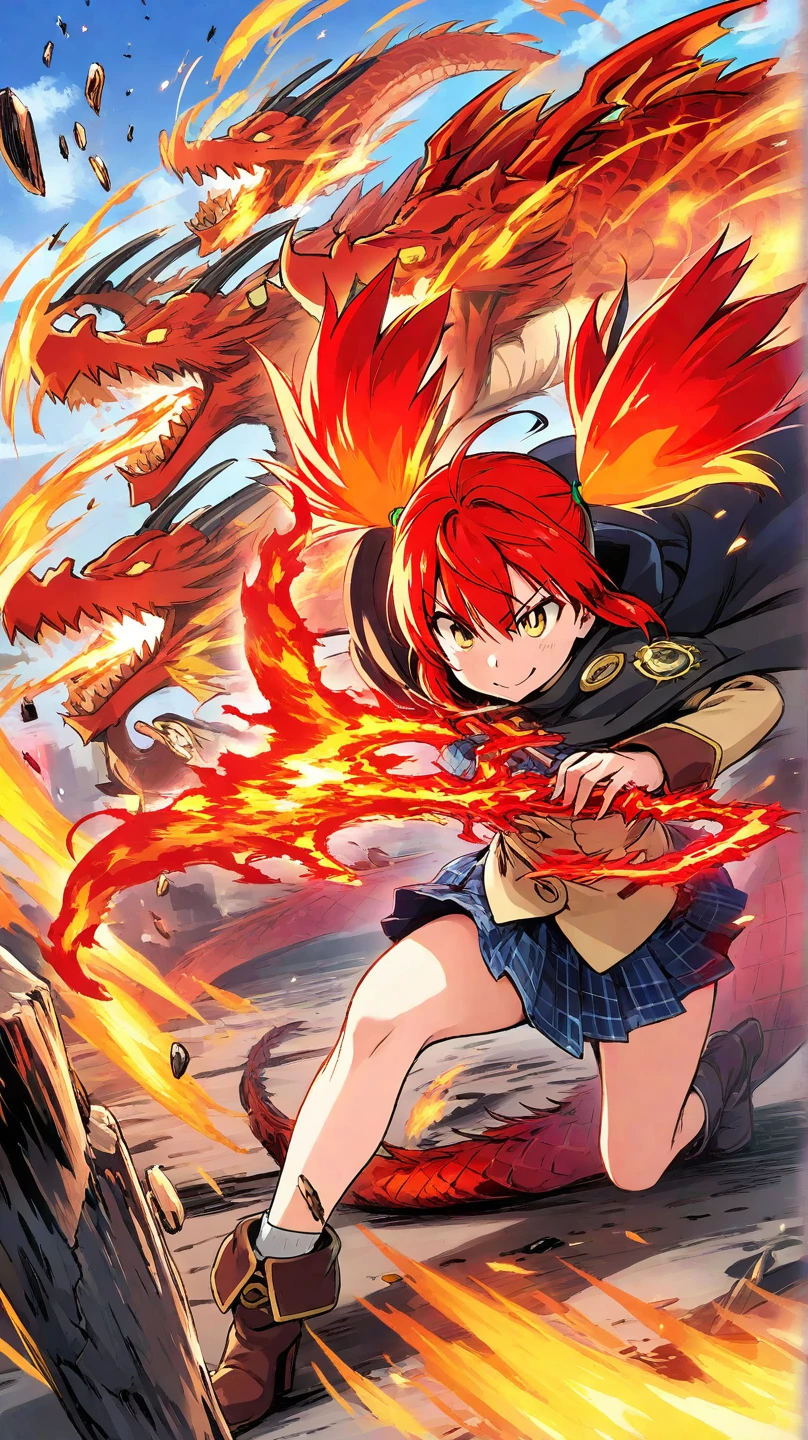 best quality, masterpiece, ultra high res, 1 girl, long hair, orange hair, cute smile, casual wear, red hoodie, fire effects, dragon wings, glowing orange eyes