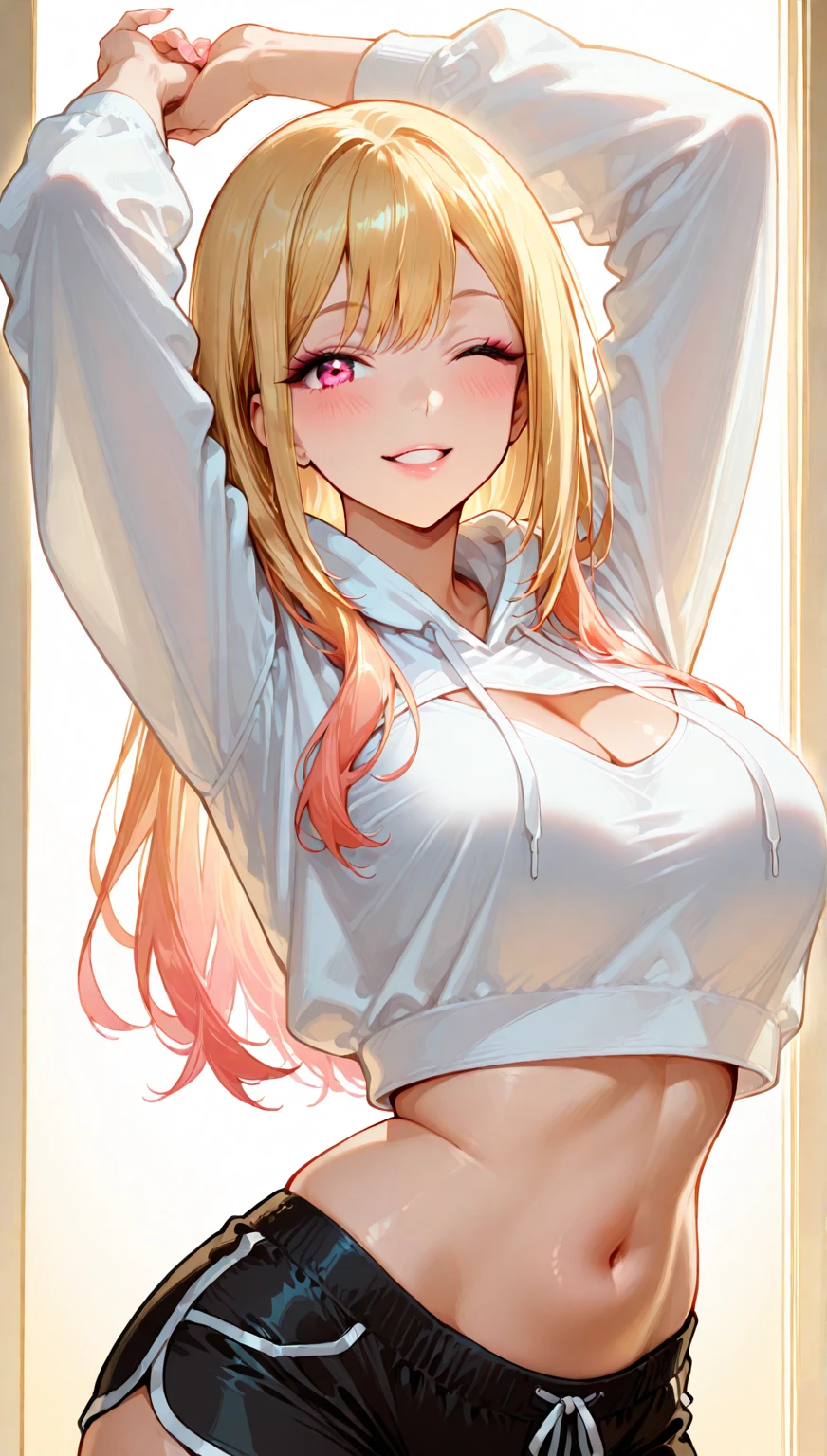 furry,a drawing of a cartoon character with hearts in her chest and butt, 1girl, breasts, one eye closed, long hair, animal ears, green eyes, thighhighs, blonde hair, solo, heart, navel, smile, open mouth, sweater, very long hair, pink hair, large breasts, underboob, white background, arm up