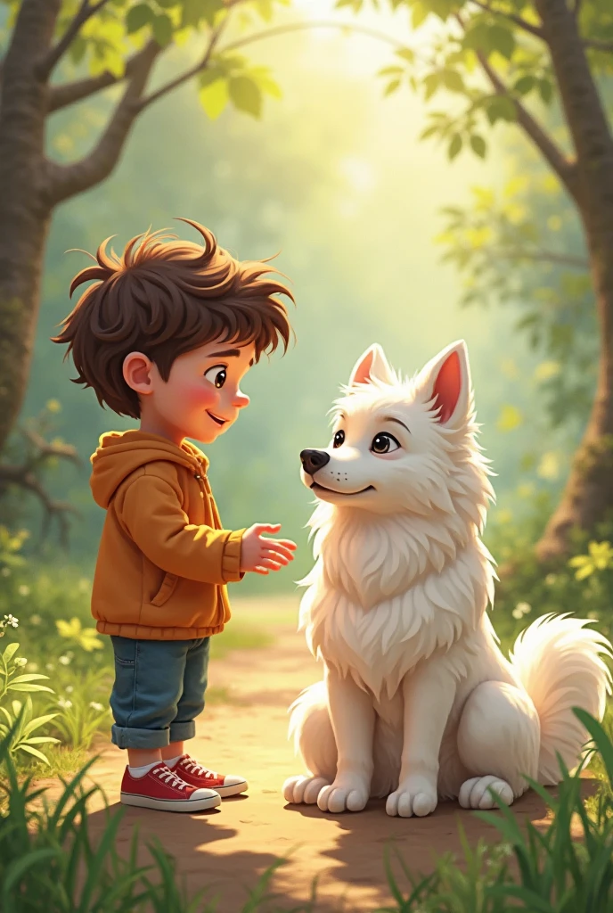   A boy with brown hair blue eyes with 2 dogs one is German shepherd and white shemoyed with sparkling blue eyes watching sun set in deep forest flayful in forest in waterfall and birds 