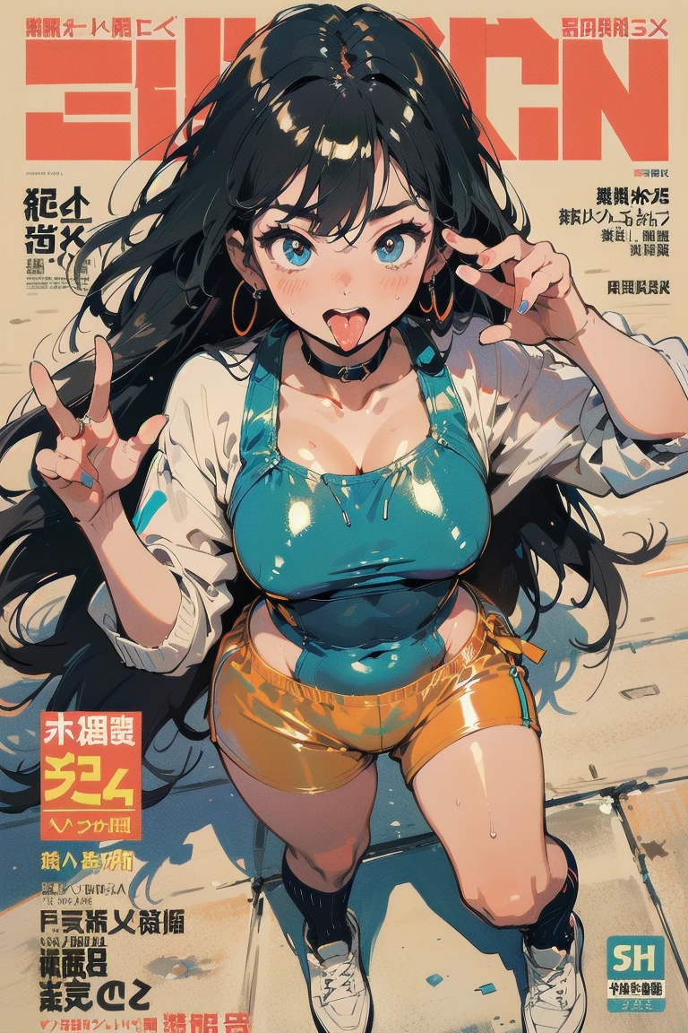 komi shouko,sweatshirts,Sweat,White headband,Reveal a fleshy belly,Feminine abs,Fleshy thighs，White convertible sweater，Simetall，Chest open，Full muscles，Tall，Ocean park，Simetall，Comic cover style，Comic cover title