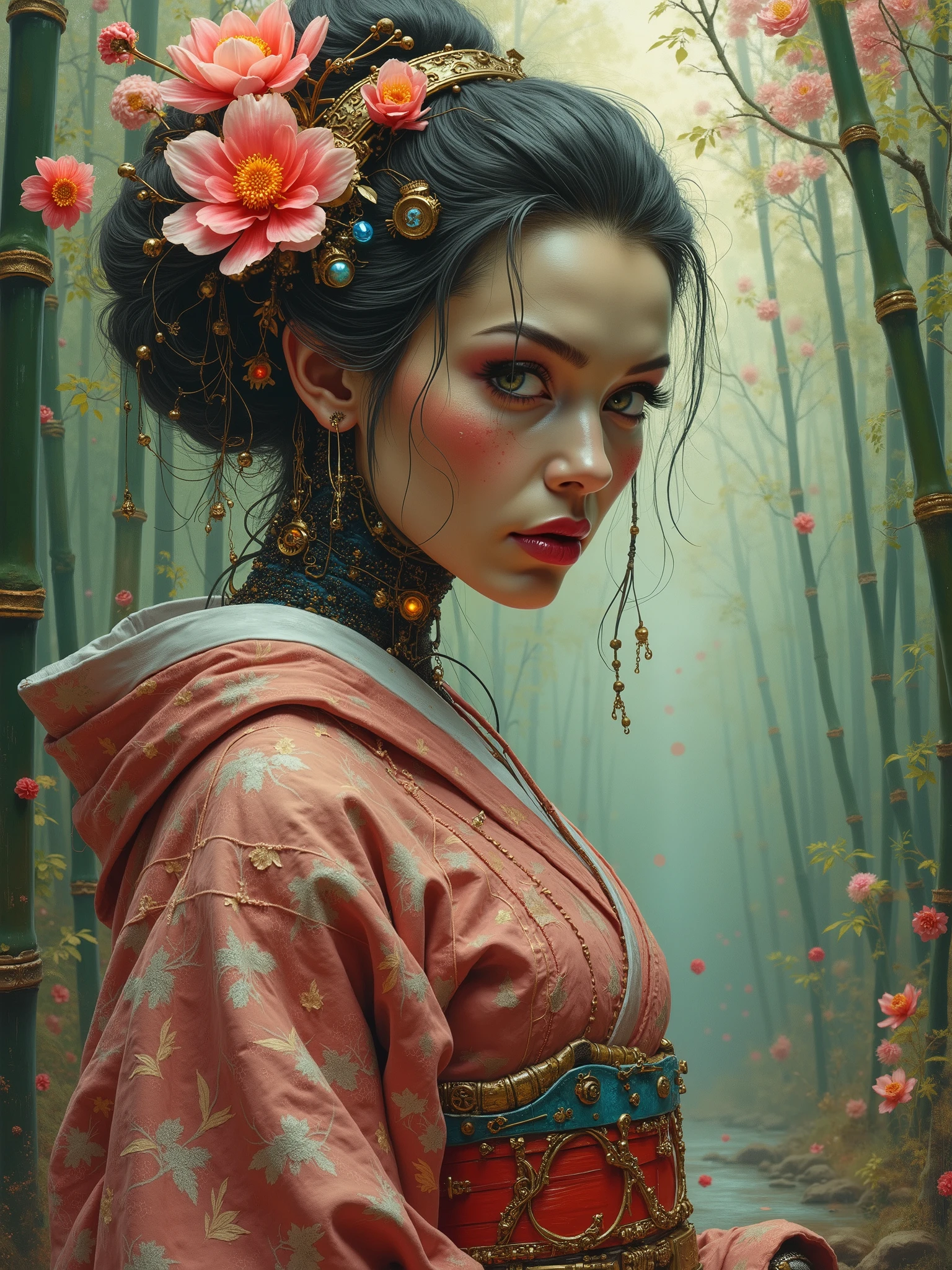 The artwork focuses on detailed anatomy capturing a powerful and confident presence. Painting style inspired by James Gurney, with influences from Jeremy Mann, Nick Alm, Michael Garmash, Rob Ray, Raymond Leech, Diego Dayer, Adi Granov, and Vitaly Bugarov. A whimsical cyborg geisha with intricate mechanical details and glowing neon accents, gracefully dances through a serene bamboo garden, her movements fluid and precise. The scene is bathed in soft, ethereal light, with cherry blossoms gently falling around her. Her expression is serene and focused, embodying the fusion of ancient tradition and futuristic technology.