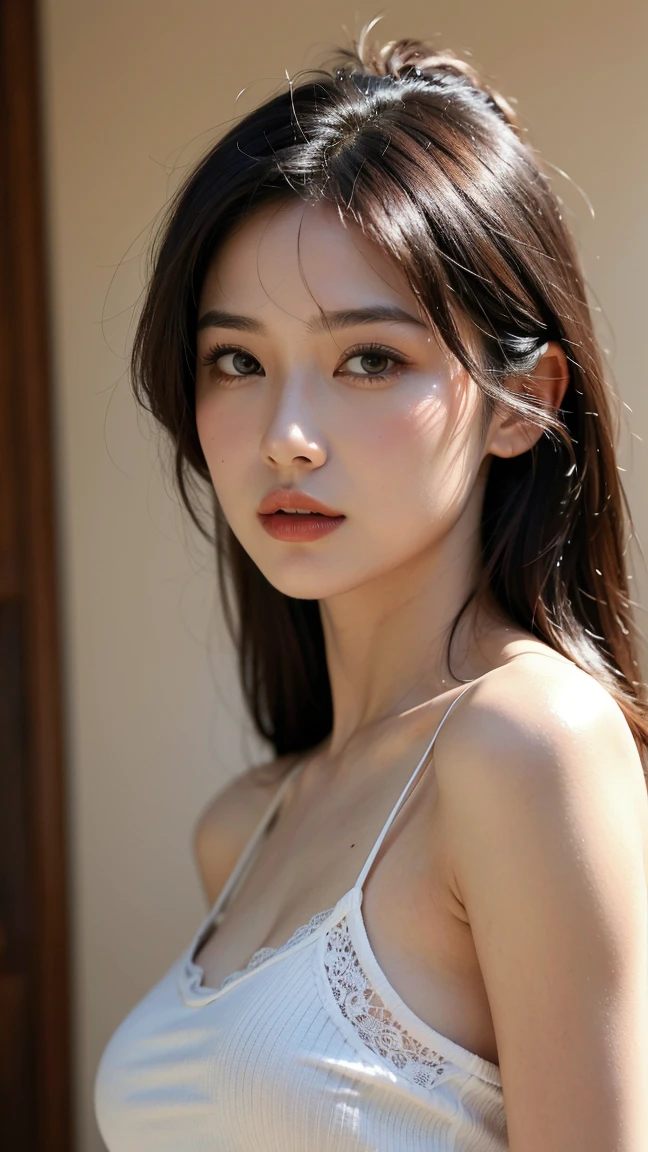 (1womanl:1.3), (Ultra Realistic, hight resolution), (Highly detailed eyes, Highly detailed hair, Highly detailed face, Highly detailed plump lips), (off shoulder with open breasts), breasts, Upper body, Search Smile, (Best Quality:1.4), Raw photo, (Realistic, photo-Realistic:1.37), Professional Photography, Cinematic Light, (Fine face: 1.2), (View from above),