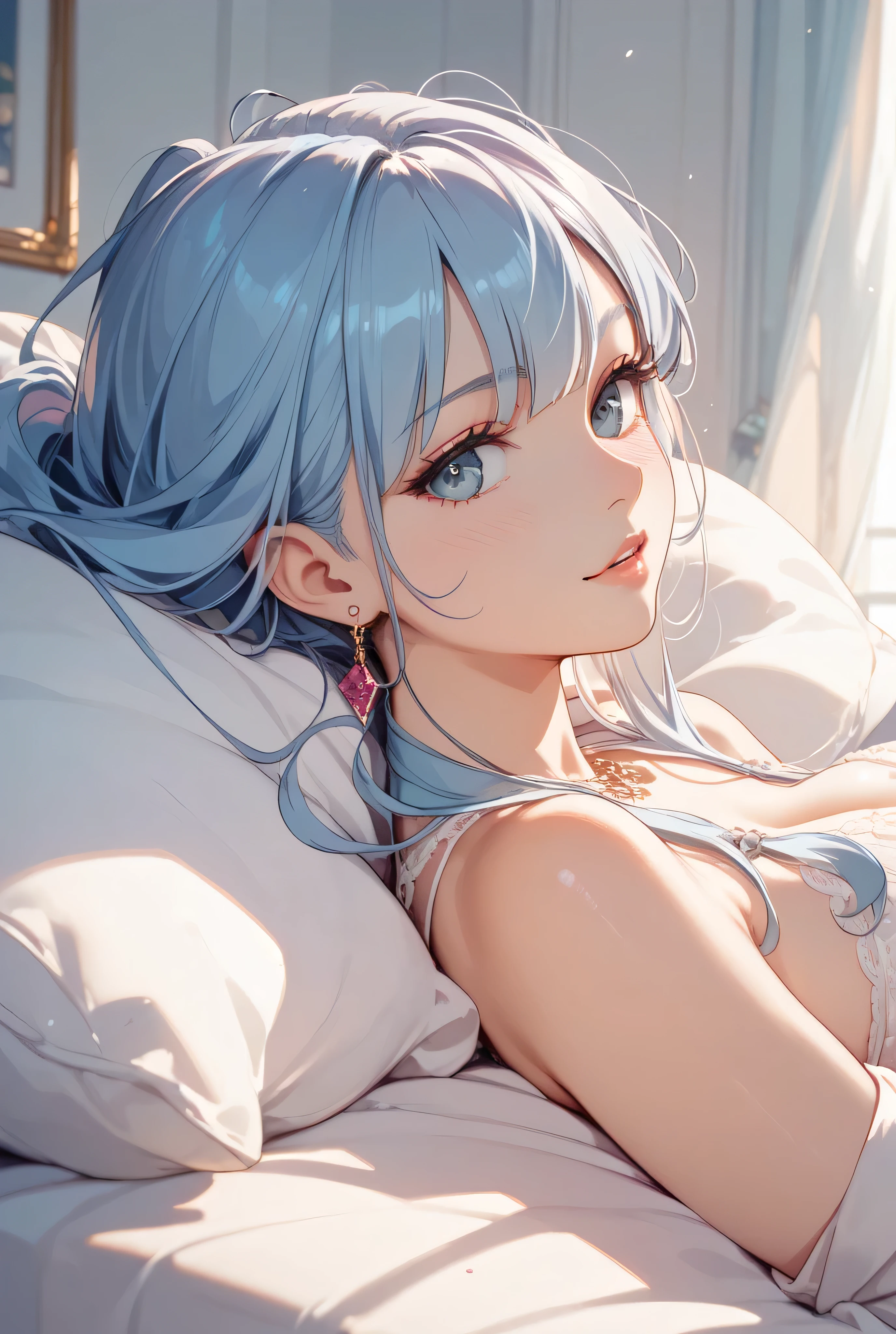 masterpiece, best quality, robin, 1girls, light blue hair, long hair, blue eyes, white dress, white sailor collar, white scarf, sitting on bed, indoors, bedroom, windows, blue sky, winter, snow, warm smile, upper body. closed mouth,