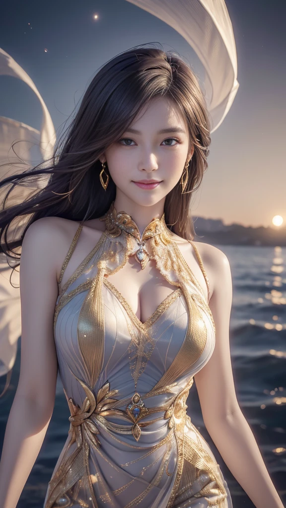 (1girll:1.3)、full bodyesbian,独奏、Body parts__Realistic skin、White and tender skin、(huge tit)、((cleavage)),((Fairy wears golden bikini,Golden fairy wings,gossamer)),(long leges),full bodyesbian,(magic energy),ssmile,Tulle streamers,Fairies in Chinese mythology,Chinese mythological background,Landscape scenery,offcial art、统一 8k 壁纸、ultra - detailed、Beauty and aesthetics、big breasts beautiful、tmasterpiece、best qualtiy、Fantastical Atmosphere、calm color palette、soft shade、carismatic,gigantic cleavage breasts,perfect boobs,s the perfect face,Perfect body,during night,Voluptious body,looking toward the viewer