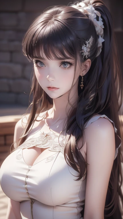 1Girl, Solo, jewellery, necklaces, looking up at viewer, Long hair, twintail, realisitic, bangss, Hair ornaments, lip, 鎖骨, closed mouth, Brown hair, butterfly hair ornament, White dress, large full breasts, pectorals, upper half body, Smile