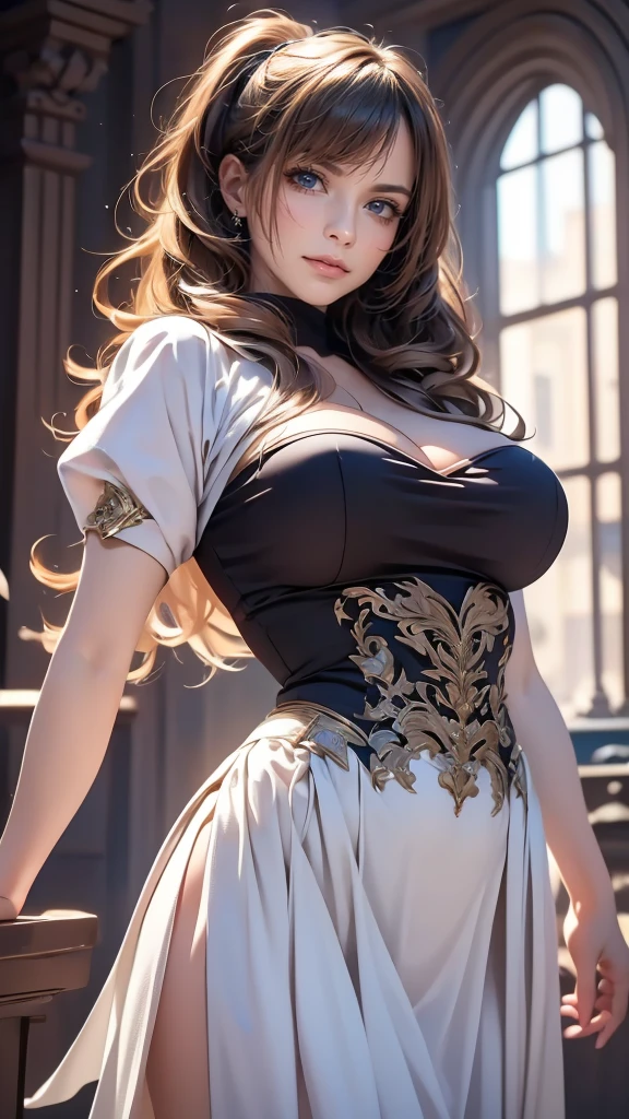 best quality, 32k, RAW photo, beautiful woman, blue eyes, amorous and lewd expression, light brown two side up messy wavy hair, incredibly absurdres, extremely detailed, delicate texture, elegant gothic corset dress with black letters and golden embroidery, hands behind back, background black dark fantasy, magic circle on the floor, gold dust pouring down