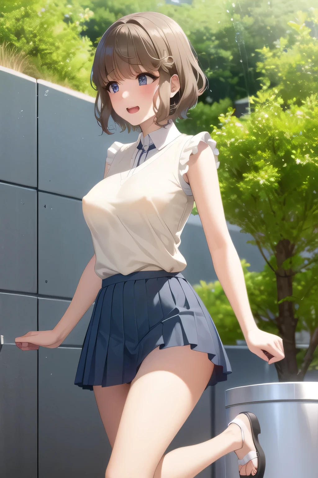 more delicate expressions,Please draw accurate expressions of hands and legs,A woman with a lovely smile,Short Hair,Big Breasts,full color CG depicting a smiling cute woman bathing in the forest,long black hair,white hair band,,pleated miniskirtミニスカート,accurate hand and foot expressions,my nipples are sharp、、getting wet in the rain, It becomes transparent ,I definitely need that face,dark blue pleated skirt,Please draw her expression more delicately,Walking Alone, city tour ,,(((She's an ordinary tourist))), ,(I definitely need that face。Let's draw a more delicate expression),(sleeveless wool sweater),( pleated miniskirt,white panties next to the urinal),(One person is enough for that job , imagine an attractive 20-year-old woman jumping off her uniform, , Big breasts, thin waist , , ,巨大な胸を持つBig breastsを描いていただけますか,with pointed nipples when wet,