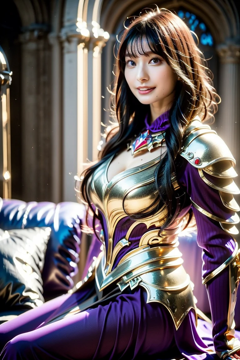 (masutepiece), Professional , ​masterpiece、top-quality、photos realistic , depth of fields （Gemstone Silver Metal Body:1.９),(Matte Pink、Particles of light、Jewel Gold Weapon（Jewel Metal Body:1.４),Gorgeous metal weapons , Detailed Sword of the Brave , Beautiful knife   ,warhammer 40k , adepta sororitas,Detail and ornate jewel crown、Particles of light、Black hair、Gangle's forest background、Beautiful Caucasian beauty、１a person、dynamic ungle,(((Detailed and ornate diamond crown)))、Particles of light、Smaller head、A smile、Take a sexy pose、