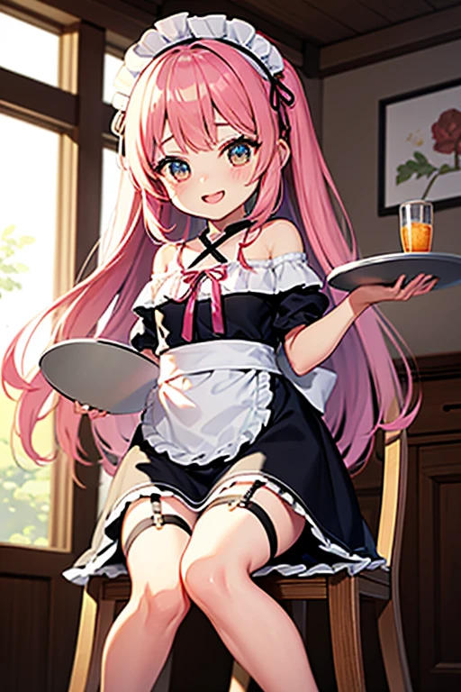 Girl with pink hair, long double-tailed hairstyle, ((small pink bushy eyebrows)), wearing ta clothing, marked vagina, loli(Zankuro) drawing style by zankuro artist, Zancro style, image uploaded to R34, flirty smile , ((showing the pubes)) in a restaurant, facing the camera, camera from above, looking with a very flirtatious face, with her breasts out, inviting to have sex with her legs open, stretching her hands to be taken in her arms
