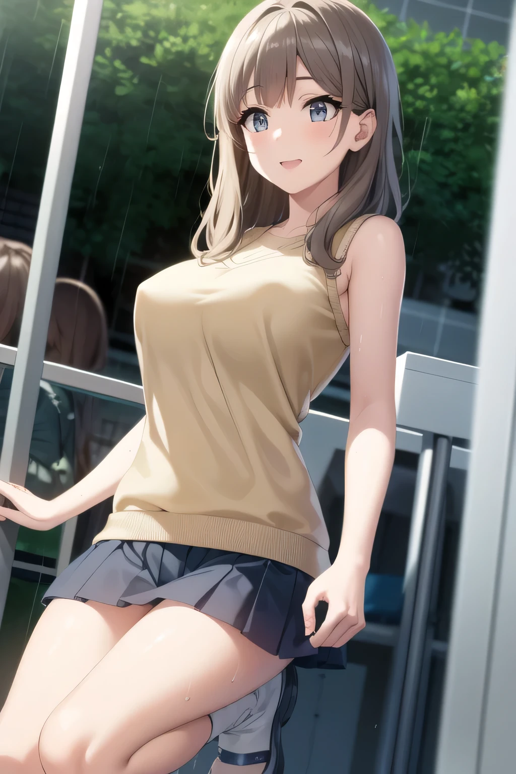 A woman with a lovely smile,Wavy long-haired woman,more delicate expressions,an accurate representation of her hands and legs,only,full color CG depicting a smiling cute woman bathing in the forest,long black hair,white hair band,,pleated miniskirtミニスカート,accurate hand and foot expressions,my nipples are sharp、、getting wet in the rain, It becomes transparent ,I definitely need that face,dark blue pleated skirt,Please draw her expression more delicately,Walking Alone, city tour ,,(((She's an ordinary tourist))), ,(I definitely need that face。Let's draw a more delicate expression),(sleeveless wool sweater),( pleated miniskirt,white panties next to the urinal),(One person is enough for that job , Imagine an attractive 20-year-old woman jumping off her uniform, , Big breasts, thin waist , , ,巨大な胸を持つBig breastsを描いていただけますか,with pointed nipples when wet,