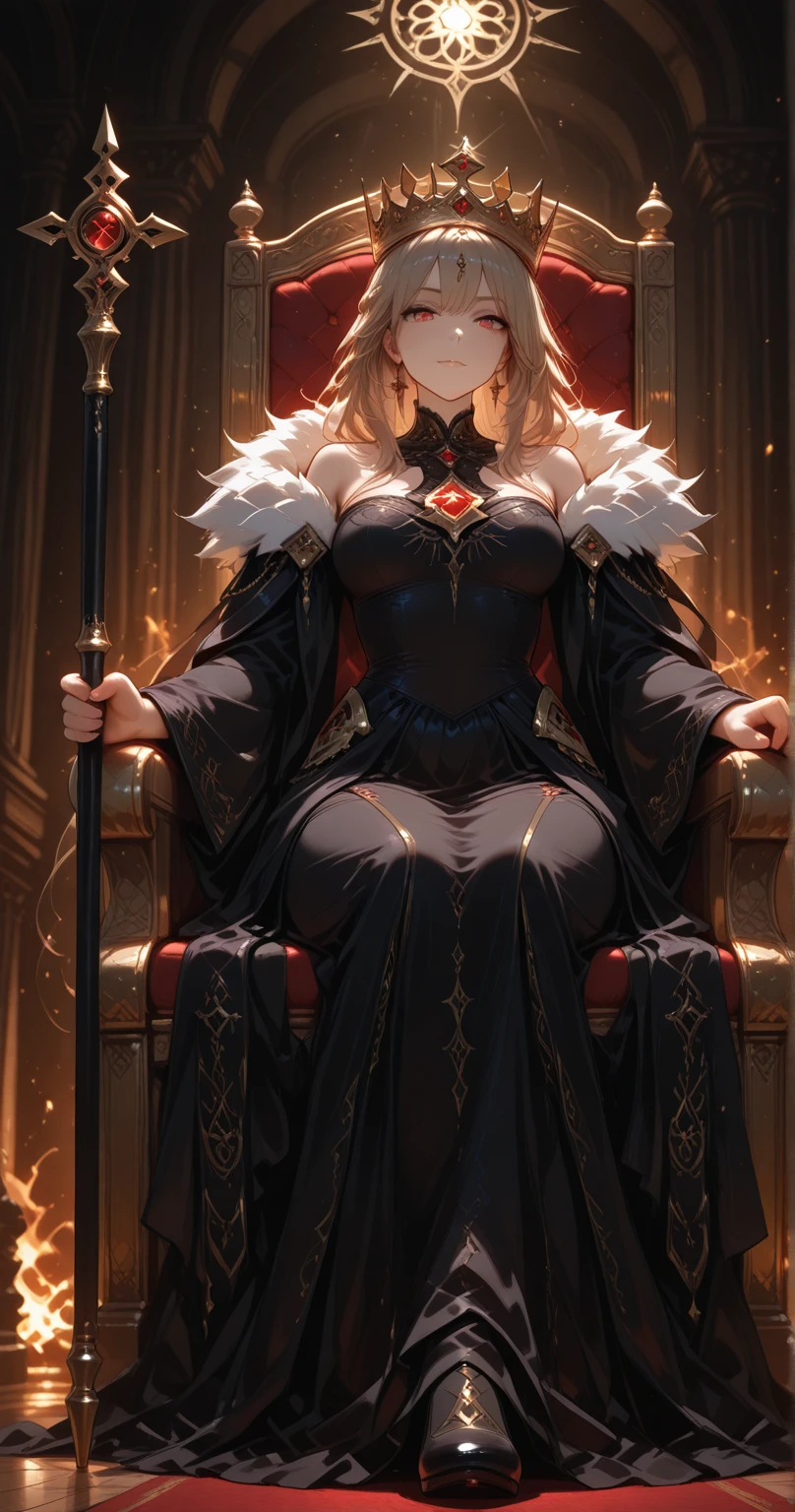 masterpiece, extra limbs, 1vampire lady, 250 years old,(light gold extra long hair), slant blank ruby red eyes, big breasts, muscle,(pale white finely detailed skin), (serious),(((clothed:1.5 Sorcerer))),hair ornaments,earrings,cape,evil sword,crossed legs,sitting on throne,old castle,midnight 