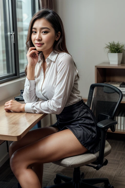 Show entire body, full body view, feet in view, Gorgeous Asian female, long blonde hair, tight button down shirt, very short skirt, black pantyhose, no shoes, outside, sunny day, sunlight shining on legs, cute smile, an executive office with sleek, modern furniture and large windows letting in abundant natural light. The room adorned with minimalist decor, clean lines, and a touch of sophistication. The camera used a vintage 35mm film camera, giving a timeless quality to the image. The lighting a combination of natural sunlight streaming through the windows and warm, soft artificial lighting strategically placed to highlight certain elements of the room. In this setting, a professional seated at a desk, surrounded by books and a laptop, exudes a focused and determined aura