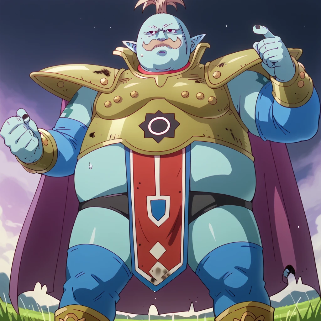 Alone, 1 child, illuminate from the background,  background detail , eyes, 2d, marcas de black eyes, black eyes,  a scar on the cheek,  blue body/fur, pointed ears, thick, curved light brown mustache, light brown hair, tuft of hair pointing up, a tattoo on the right arm, a tattoo on the left arm, black nails, gordo, obese, stomach, plumpbody,  large build, big body, overweight, thick arms, wide shoulders, thick legs, golden armor,  wide shoulder pads , large purple cape, chest plate with dark emblem, circular symbol on torso, gold and blue bracelets, golden boots , expressive, upper body, dutch angle, low angle, a hand on the waist, standing, looking at the spectator, serious expression, outside, source_anime, grass field, big bulge, big dick, torn clothing, grabbing nipples, How, How in clothes, sweaty, musky, rape, torn clothes, wet, Dirty, is, big hairy is, Bukkake, anal sex