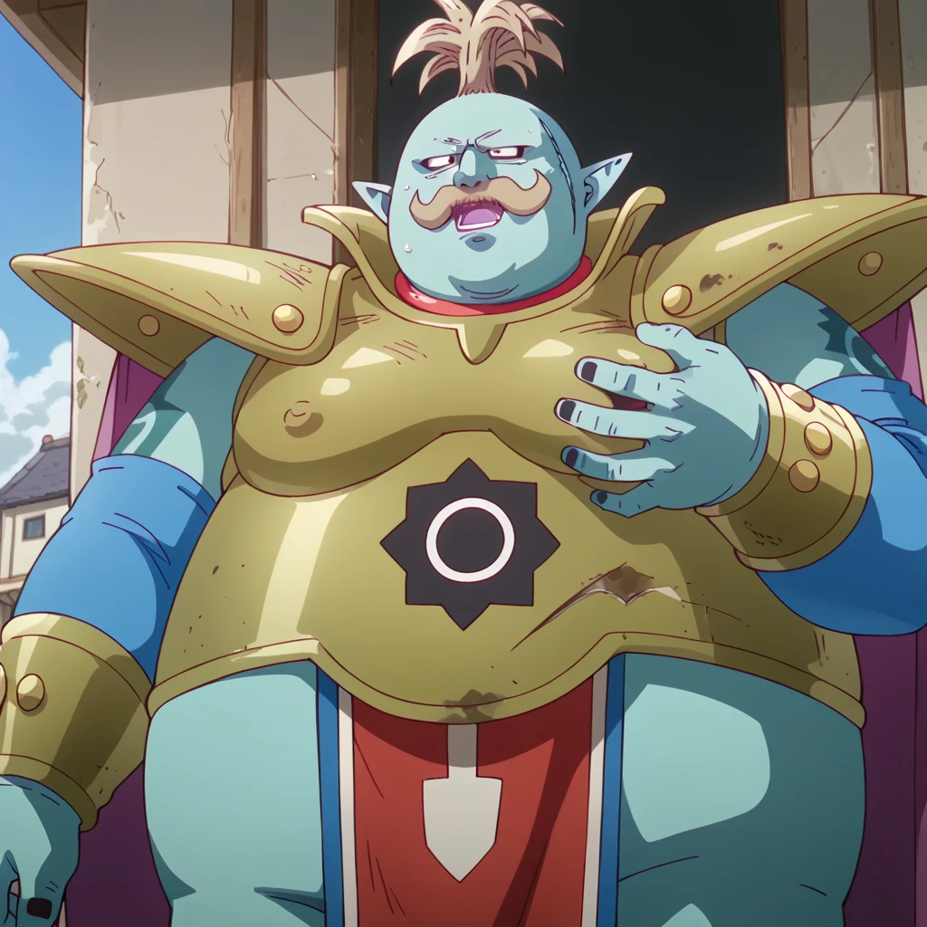 Alone, 1 child, illuminate from the background,  background detail , eyes, 2d, marcas de black eyes, black eyes,  a scar on the cheek,  blue body/fur, pointed ears, thick, curved light brown mustache, light brown hair, tuft of hair pointing up, a tattoo on the right arm, a tattoo on the left arm, black nails, gordo, obese, stomach, plumpbody,  large build, big body, overweight, thick arms, wide shoulders, thick legs, golden armor,  wide shoulder pads , large purple cape, chest plate with dark emblem, circular symbol on torso, gold and blue bracelets, golden boots , expressive, upper body, dutch angle, low angle, a hand on the waist, standing, looking at the spectator, serious expression, outside, source_anime, grass field, big bulge, big dick, torn clothing, grabbing nipples, How, How in clothes, sweaty, musky, rape, torn clothes, wet, Dirty, is, big hairy is, Bukkake, anal sex