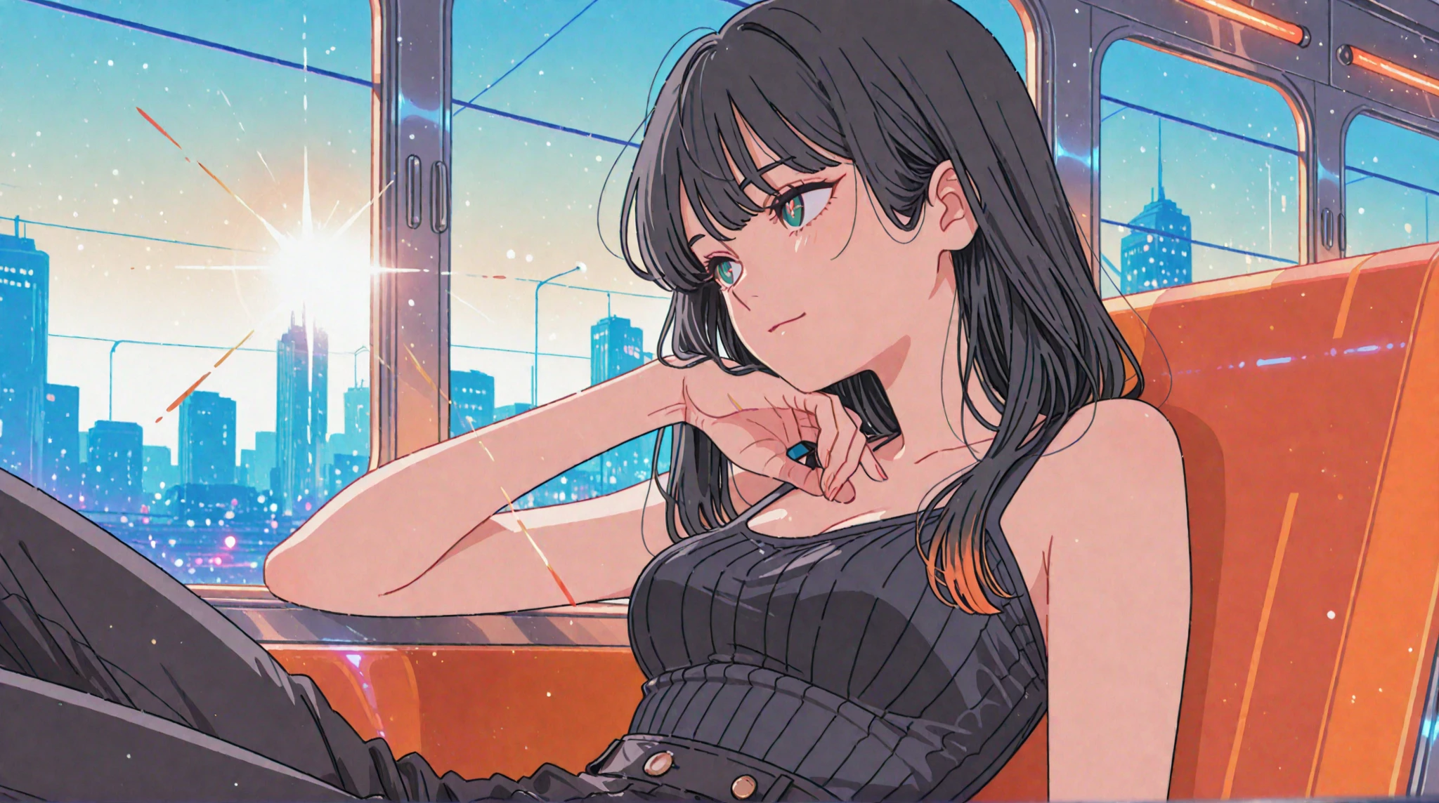 ((female)), (solo:1.2), ((masterpiece)), ((pale skin)), ((detailed eyes)), (bokeh effect), (dynamic angle), black hair, long hair, messy hair, ((heterochromia)), (interior), (off shoulder), ((casual)), (collarbone)