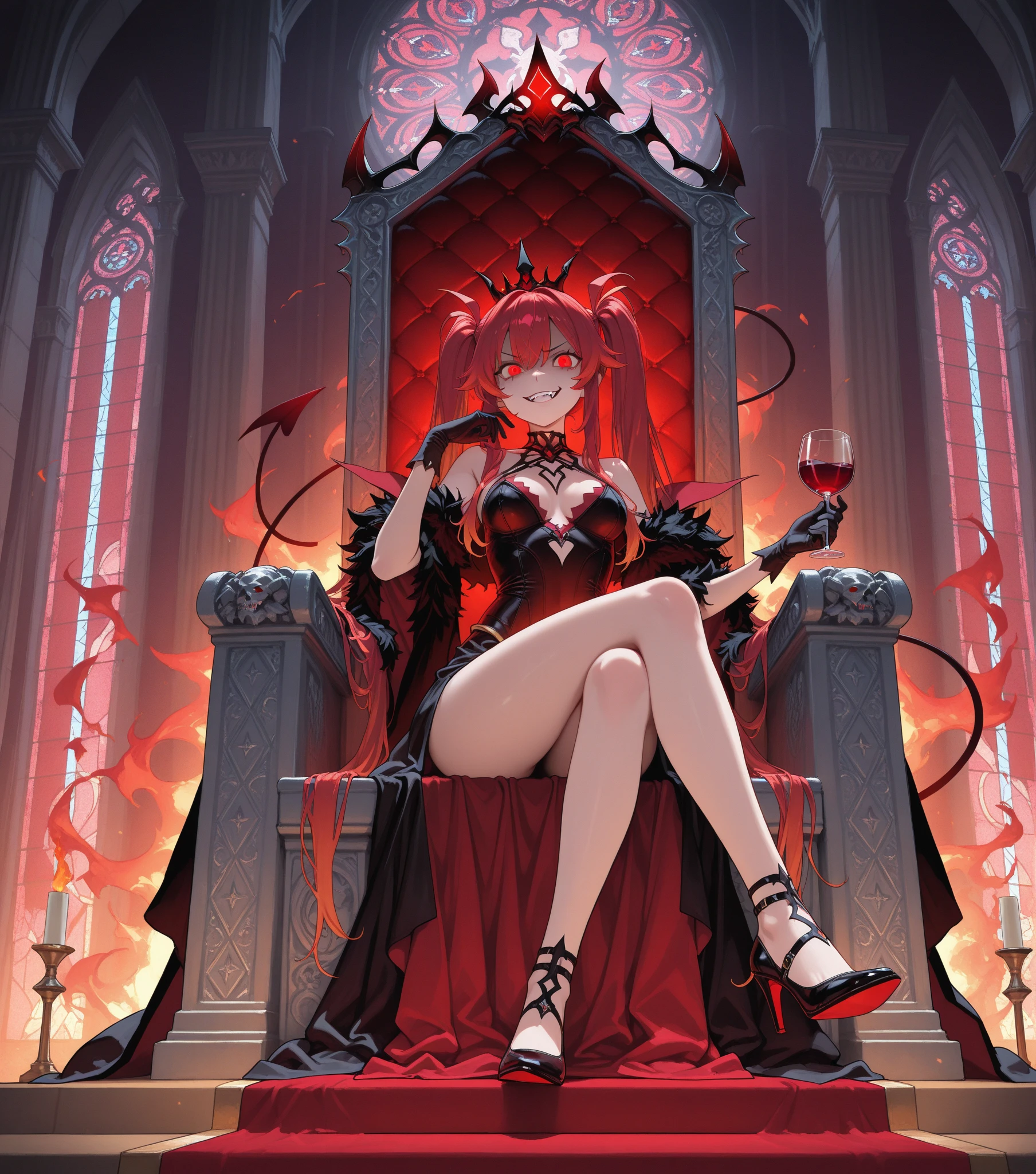 HD Big Picture, Black High Split Dress, Red High Heels, Crimson Hair: 1.5+ Sexy + Evil, Suspender Stockings, Leg Loops, Deep V:1.6, Female Figure, Showing Evil Smile: 0.8, Qiujiro Legs Sitting on the Throne,, Passion State Impact Figure.