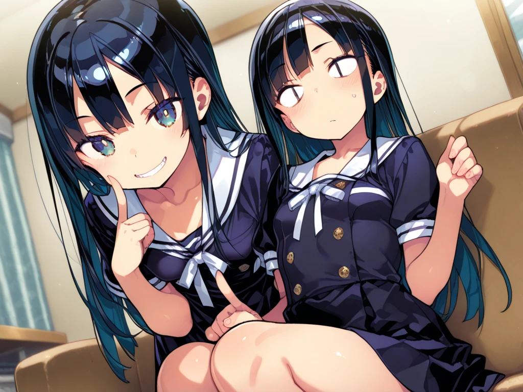 whole body,One girl,indoor,Bed,Troubled face,(whole body:1,0),(pussy cameltoe:1.0),Long legs,uniform,Blue sailor collar,White panties,squat,Squat,Spread your legs,M-shaped legs,Hands behind headで組む,Hands behind head,Beautiful thighs,barefoot,Looking at the audience, Anime Coloring,(((Reina Kosaka, Seraphim, Looking at the audience, Mouth closed, Blurred,(shape:0.8), (Fine and beautiful eyes:1.6), highly Detailed face, Perfect lighting, Extremely detailed CG, (Perfect hands, Perfect Anatomy),masterpiece,High resolution,Anime key visual,Fine and beautiful eyes,Highest quality,ユニティ 8K wallpaper,Ultra-dense skin,White skin,Highest quality, wallpaper,8K,Kyoto Animation,Highly detailed eyes,Growing Eyes,Detailed face,Hair with attention to detail,Highest quality,