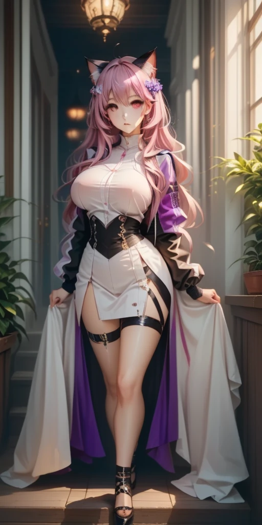 ultra detailed 8k cg, a very sexy woman in a white miniskirt posing from below for a picture, ((from below:1,3)), fantasy style, in a majestic castle, medieval setting pink panties visable