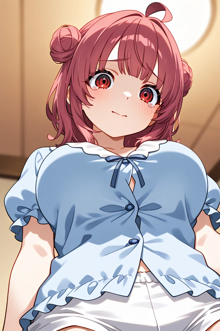 1girl in, Yuigahama Yui, , Short hair, Pink hair, Hair bun,
(Best Quality, hight resolution, 4K, Detailed Lighting, Shaders),
livingroom, Night,
Focus, POV, From below, Upper body,
Smile,
(large boob:1.3),
(Pink ruffled pajamas),