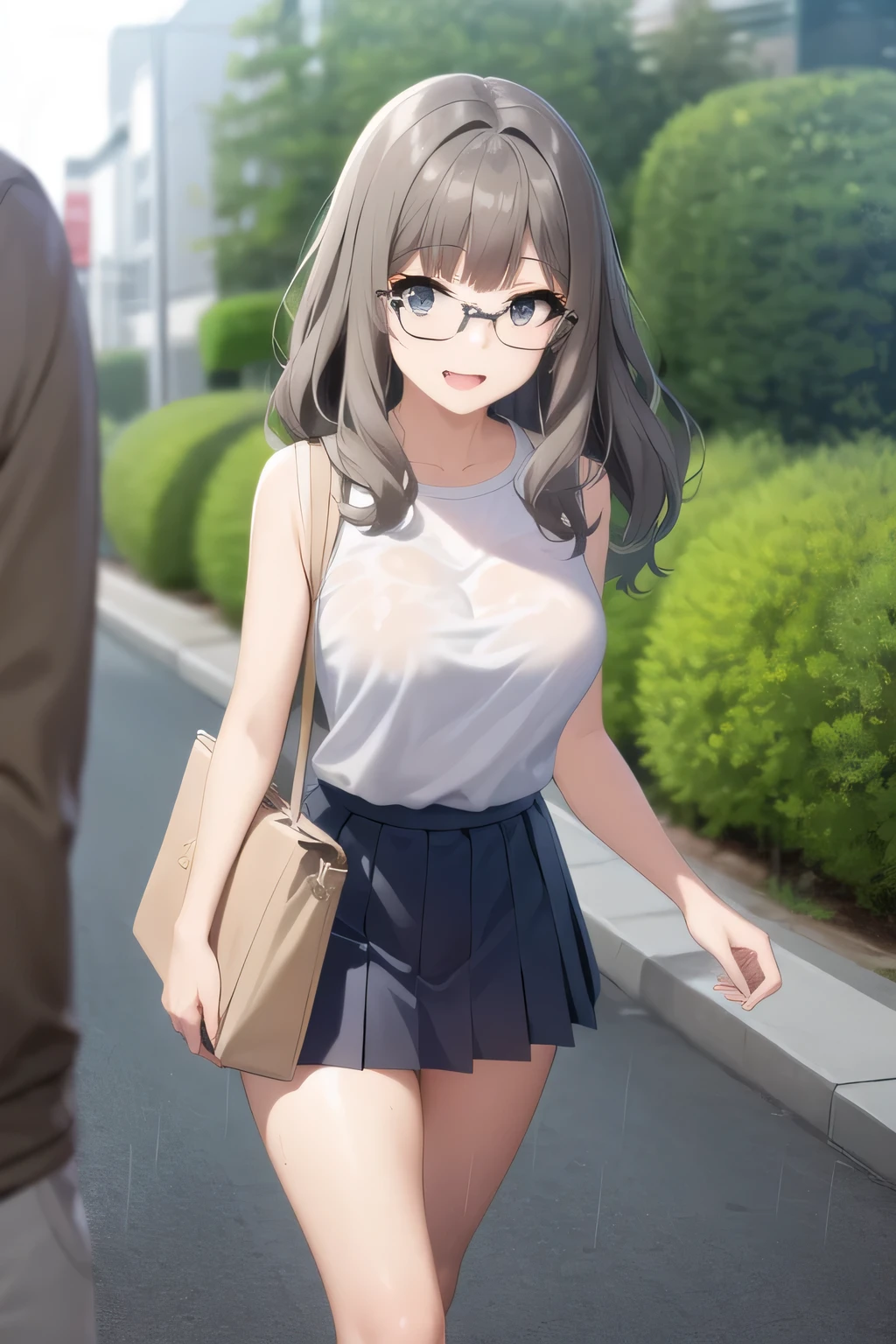 A woman with a lovely smile,Glasses please,woman with long wavy hair,a more delicate expression,Accurate representation of hands and legs,only,full color CG depicting a cute smiling woman bathing in the woods,long black hair,white hair band,,pleated miniskirtミニスカート,accurate hand and foot expressions,my nipples are sharp、、wet in the rain, It becomes transparent ,I definitely need that face,dark blue pleated skirt,Please draw her expression more delicately,Walking Alone, city tour ,,(((She's an ordinary tourist))), ,(I definitely need that face。Let's draw a more delicate expression),(sleeveless wool sweater),( pleated miniskirt,There are white panties next to his urinal),(One person is enough for that job , imagine an attractive 20-year-old woman taking off her uniform and jumping off, , Big breasts, thin waist , , ,巨大な胸を持つBig breastsを描いていただけますか,They become pointy nipples when wet,