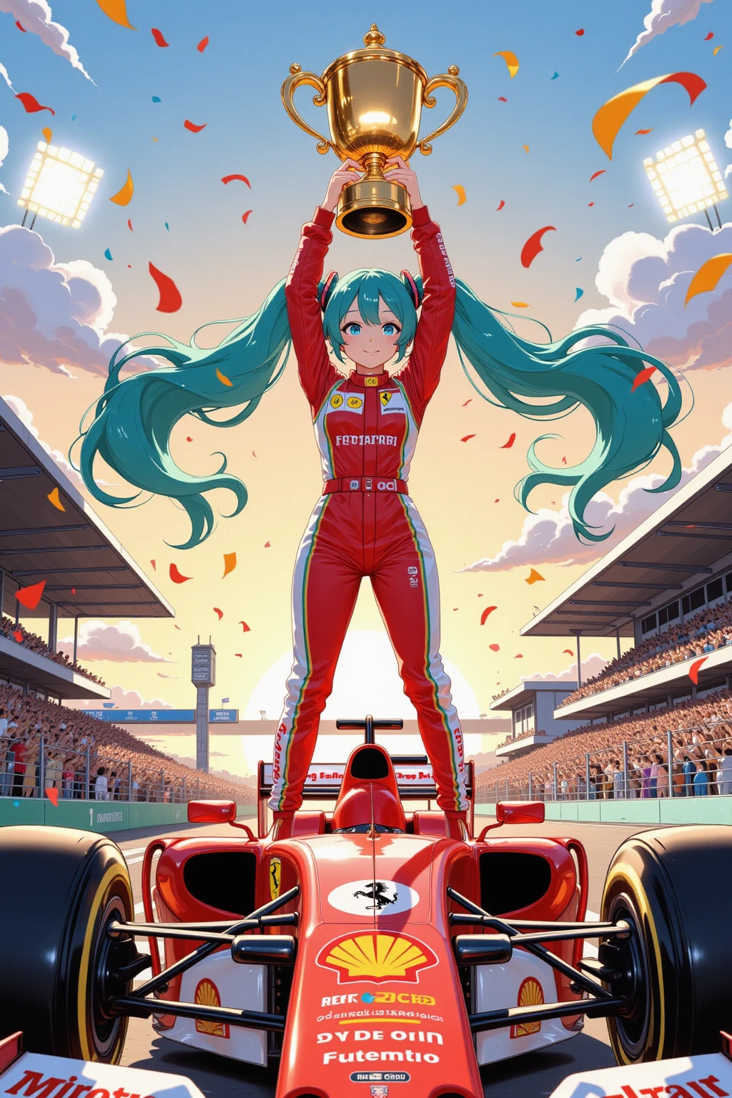 anime-style full view, Hatsune Miku wearing a red Ferrari racing suit with sponsor logos, long twin-tails flowing, standing triumphantly on top of an F1 car, holding a shining golden trophy above her head, confetti flying in the air, race track podium background, cheering crowd in the stands, bright stadium lights, sunset sky, dynamic action pose, high detail, vibrant colors, glossy finish, energetic atmosphere, best quality, masterpiece,illustration style