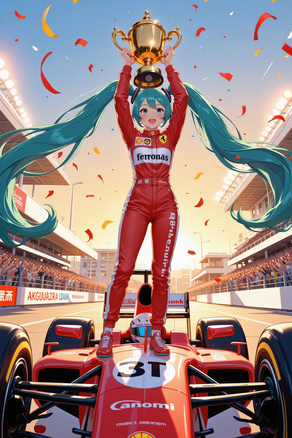 anime-style full view, Hatsune Miku wearing a red Ferrari racing suit with sponsor logos, long twin-tails flowing, standing triumphantly on top of an F1 car, holding a shining golden trophy above her head, confetti flying in the air, race track podium background, cheering crowd in the stands, bright stadium lights, sunset sky, dynamic action pose, high detail, vibrant colors, glossy finish, energetic atmosphere, best quality, masterpiece,illustration style