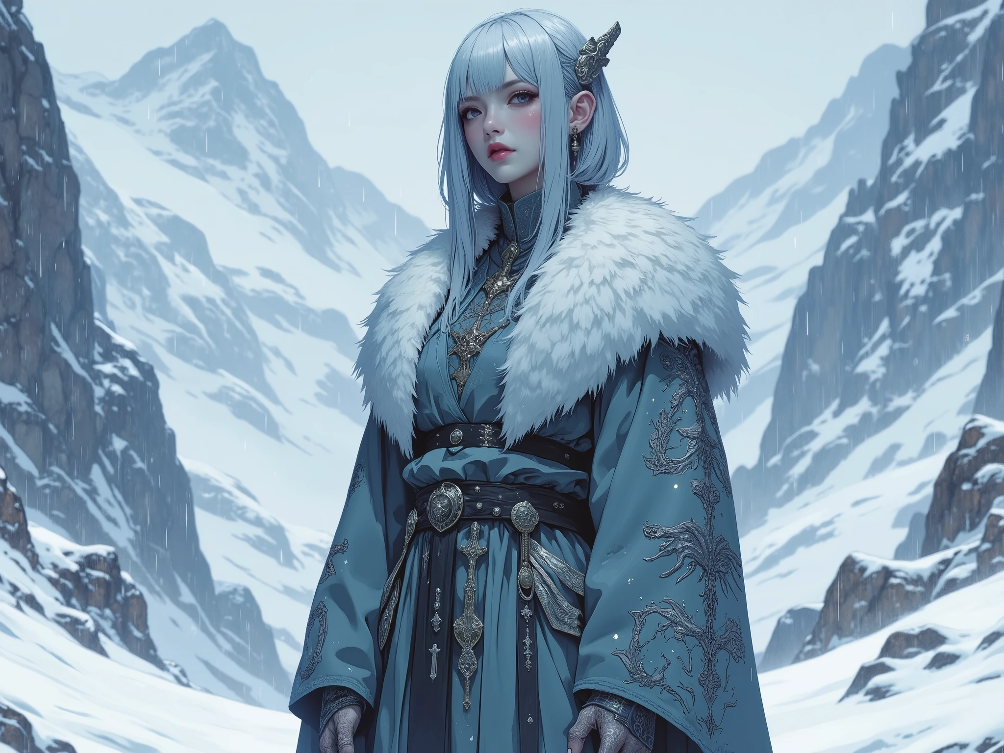 (masterpiece, best quality, ultra-detailed, professional illustration), a full body shot of an elegant female Ascetics with a solemn and sacred temperament, standing in a vast, snowy mountain landscape during a heavy snowfall. She has exquisite facial features, a calm and peaceful expression, short silver-gray hair with thick, long side-swept bangs covering the right half of her face. She is wearing a fantasy-style, floor-length, gray-blue robe, layered with a thick, luxurious white fur coat. The long sleeves are intricately embroidered with patterns of animal skeletons. (fantasy character art, concept art, cinematic lighting, epic composition, beautiful and detailed, perfect anatomy, five fingers).