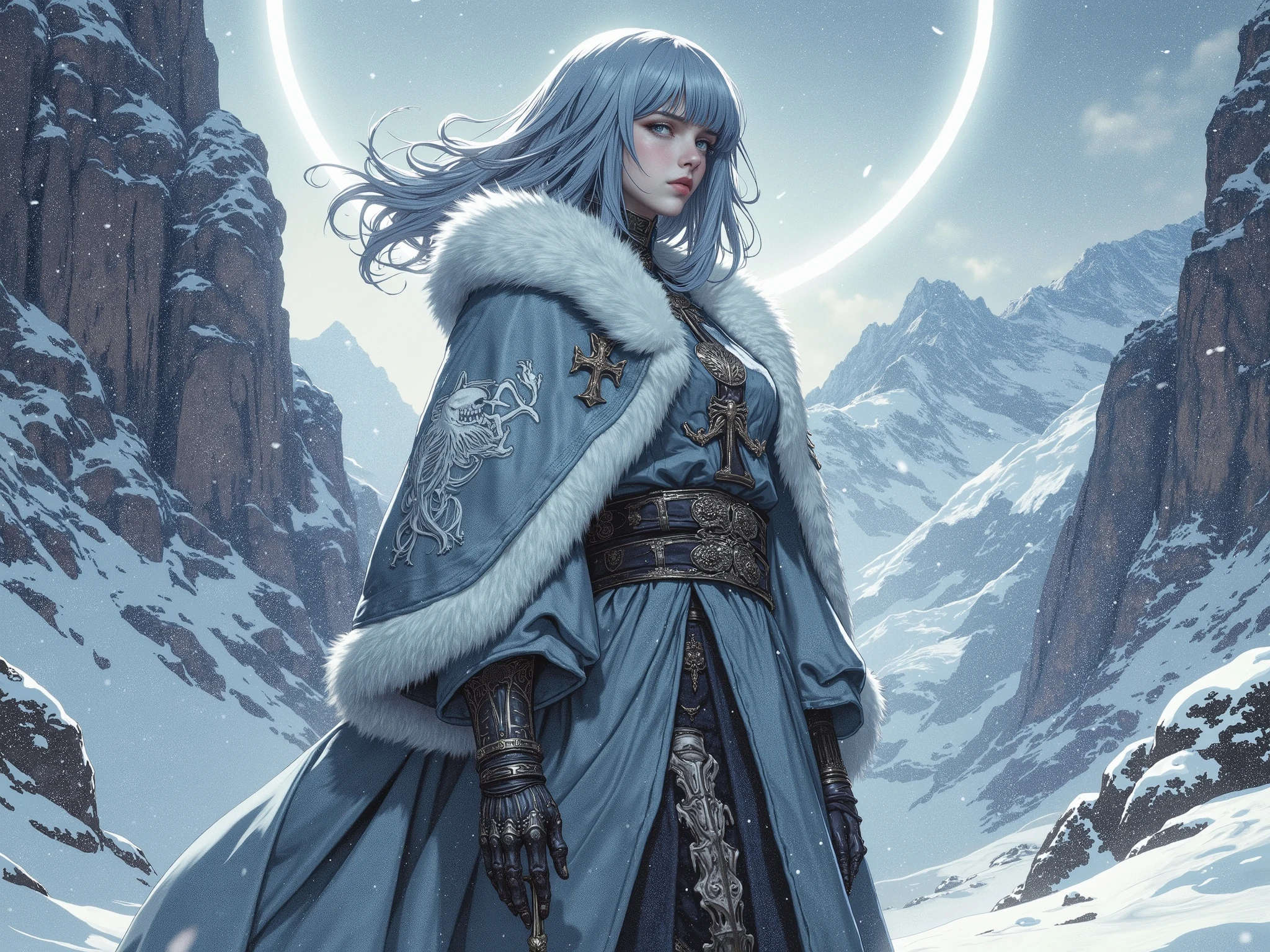 (masterpiece, best quality, ultra-detailed, professional illustration), a full body shot of an elegant female Ascetics with a solemn and sacred temperament, standing in a vast, snowy mountain landscape during a heavy snowfall. She has exquisite facial features, a calm and peaceful expression, short silver-gray hair with thick, long side-swept bangs covering the right half of her face. She is wearing a fantasy-style, floor-length, gray-blue robe, layered with a thick, luxurious white fur coat. The long sleeves are intricately embroidered with patterns of animal skeletons. (fantasy character art, concept art, cinematic lighting, epic composition, beautiful and detailed, perfect anatomy, five fingers).
