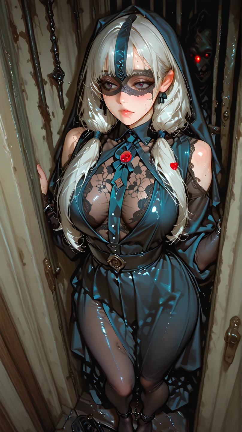 Best quality, masterpiece, high resolution, ultra-realistic 8k CG, beautiful girl with gray hair, blue eyes, open mouth, puffy, plump body, nun bandana, (tunic|nun dress), fleshy thighs, (full body white pantyhose), high heels, (full body), looking at the audience, symmetrical, charming, complex, sexy, elegant, hands interlocked, hair accessories, necklaces, cleavage, Tyndall effect, realistic, dark studio, edge lighting, two-tone lighting, (High Detail skin: 1.2), 8K UHD, DSLR, Soft Light, High Quality, Volumetric Light, Voyeur, Photo, High Resolution, 4K, 8K, Background Blur,