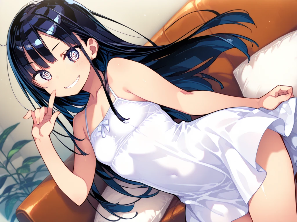 Breasts sticking to a white dress shirt、She is wearing a light blue and white checkered skirt with cute ribbons in both hands, showing off her underwear.、barefoot、Sandy beach, sea and blue sky、Big Breasts、Masturbation