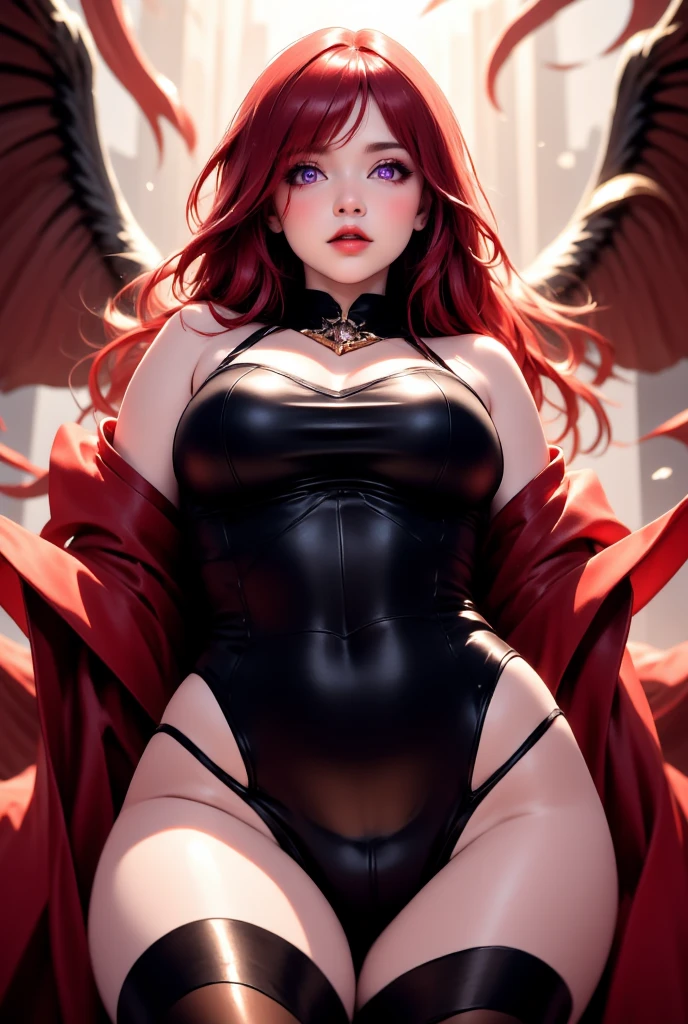 ((best quality, masterpiece, 4k, best anatomy)), moody lighting, beautiful elf woman, (crimson red hair), ((very long hair)), perfect face, innocent smile, sparkling eyes, ((Grey blue eyes)), ((naked)), (()), ((slender)), ((flat chest)), ((18 years old)), skindentation, extreme detail, attractive oval face, pink lips, pink nipples, glossy skin, detailed hair, face focus, close-up chest, gold ornamental necklace, earrings, ((1 girl)), blush, embarrassed expression, ((high heels)), Standing, long legs, ((thigh-highs)),
