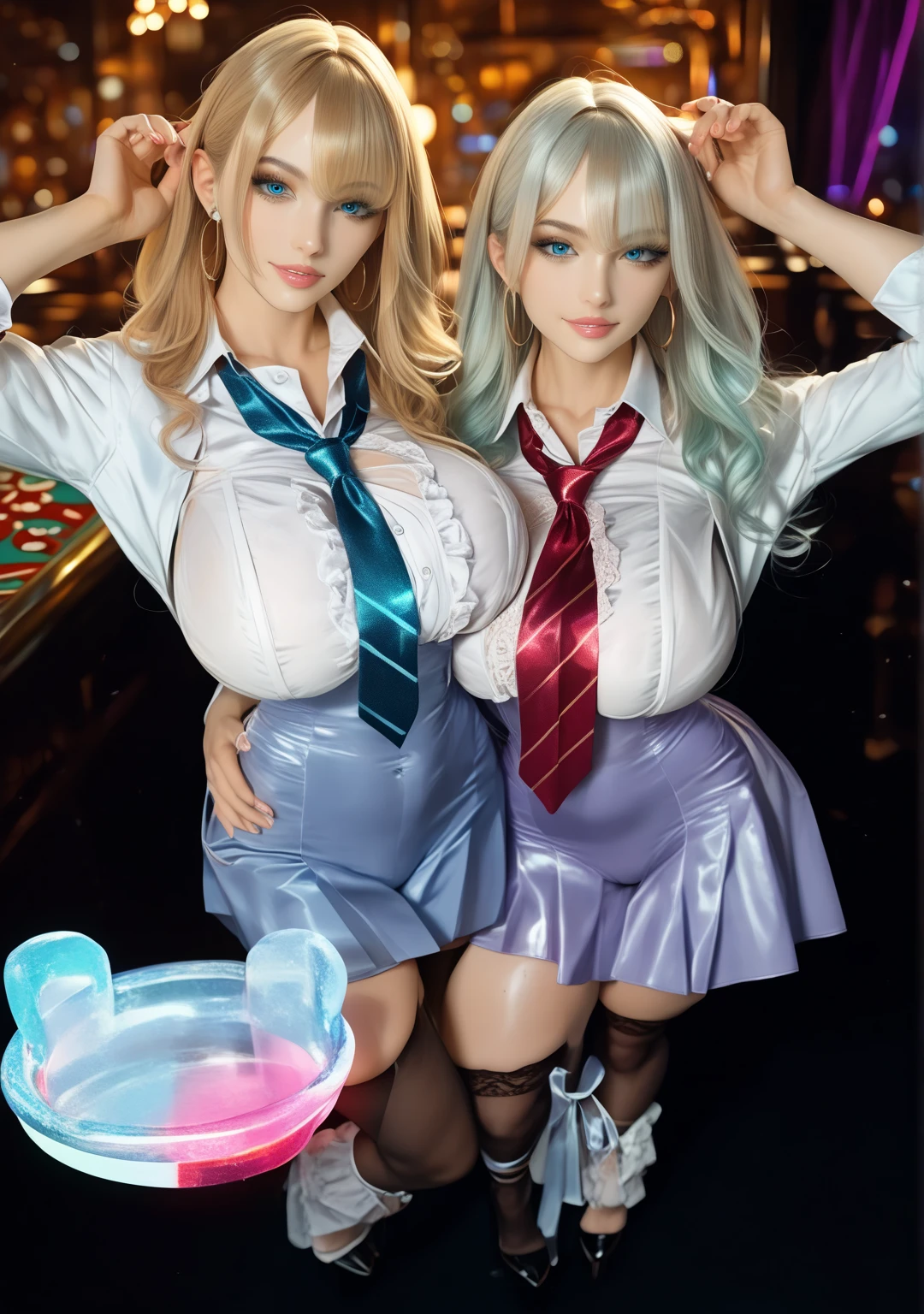 (best quality, high quality, masterpiece, detailed, high resolution, 8k), (Super beautiful), (beautiful face:1.5), (A detailed face:1.5), (A detailed eye:1.1), (Detailed lips:1.1), (Detailed nose:1.1), (Beautiful Russians), (a blond), (sparkling blue eyes), (princess), blush, happy, kiss, (gigantic breasts:1.2), wet skin, shiny skin, (Doing figure skating), (anatomically correct movements:1.1), (White costume:1.3), (tattoo under skirt:1.3), lace panties, jewelry, (skating rink with spectators)