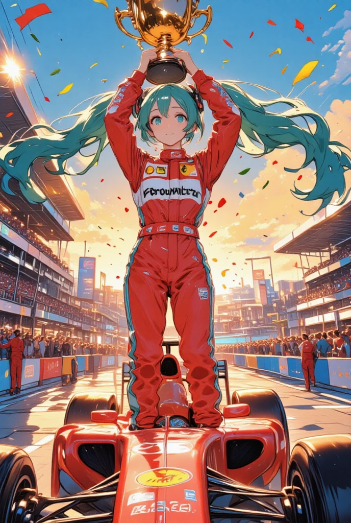 anime-style full view, Hatsune Miku wearing a red Ferrari racing suit with sponsor logos, long twin-tails flowing, standing triumphantly on top of an F1 car, holding a shining golden trophy above her head, confetti flying in the air, race track podium background, cheering crowd in the stands, bright stadium lights, sunset sky, dynamic action pose, high detail, vibrant colors, glossy finish, energetic atmosphere, best quality, masterpiece,illustration style