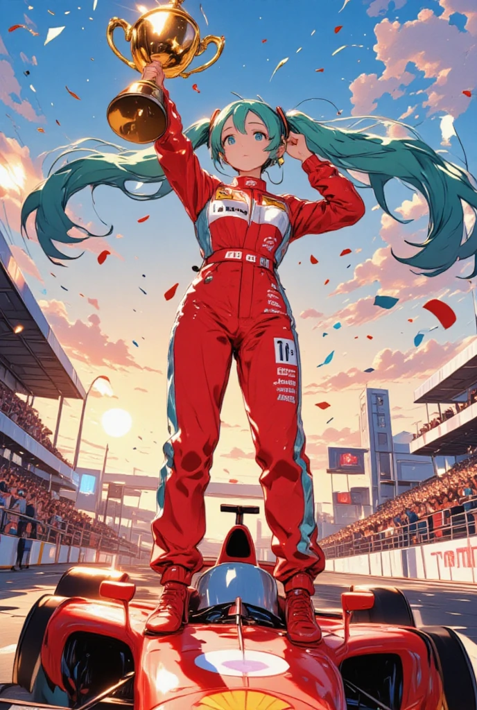 anime-style full view, Hatsune Miku wearing a red Ferrari racing suit with sponsor logos, long twin-tails flowing, standing triumphantly on top of an F1 car, holding a shining golden trophy above her head, confetti flying in the air, race track podium background, cheering crowd in the stands, bright stadium lights, sunset sky, dynamic action pose, high detail, vibrant colors, glossy finish, energetic atmosphere, best quality, masterpiece,illustration style