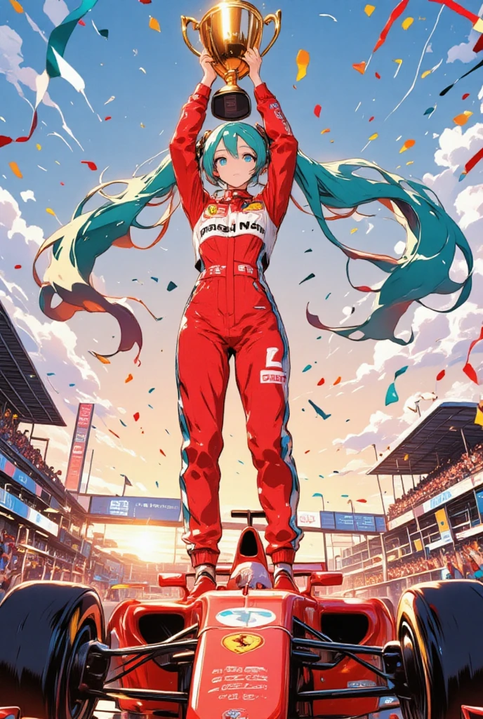 anime-style full view, Hatsune Miku wearing a red Ferrari racing suit with sponsor logos, long twin-tails flowing, standing triumphantly on top of an F1 car, holding a shining golden trophy above her head, confetti flying in the air, race track podium background, cheering crowd in the stands, bright stadium lights, sunset sky, dynamic action pose, high detail, vibrant colors, glossy finish, energetic atmosphere, best quality, masterpiece,illustration style