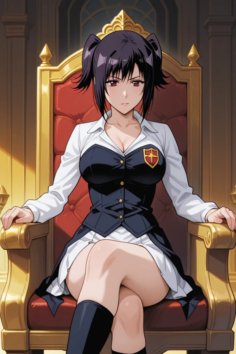masterpiece, highres, best quality, <lora:AkaneV2:1>, 1girl, solo, breasts, short hair, looking at viewer, collarbone, messy hair, hair between eyes, indoors, (((sitting on throne:1.3))), (((gold throne:1.2))), crossed legs, smile, throne, crown, dress, pink dress, puffy sleeves,