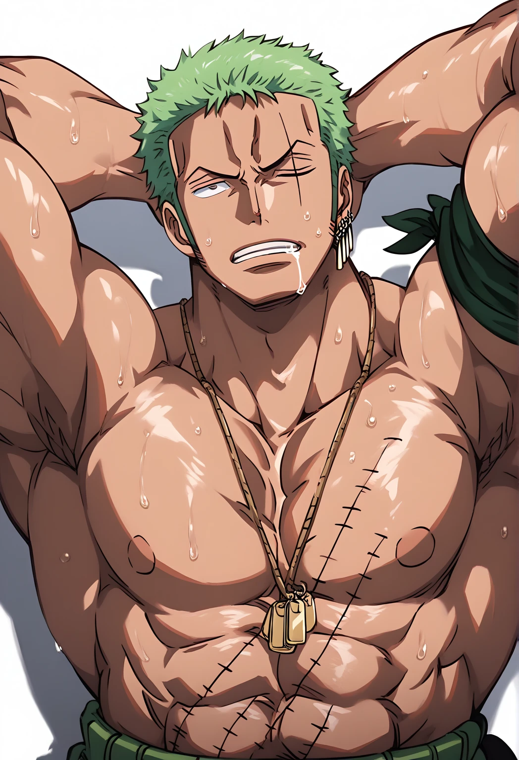 male focus, 1boy, roronoa zoro, scar, pectorals, solo, muscular, muscular male, weapon, scar across eye, abs, nipples, jewelry, sword, large pectorals, green hair, scar on face, earrings, armpit hair, short hair, bara, topless male, scar on chest, katana, veins, arms behind head, armpits, one eye closed, sheath, closed mouth, navel, sheathed, looking at viewer, white hair, veiny arms, arms up, ((medium quality)), ((medium quality))