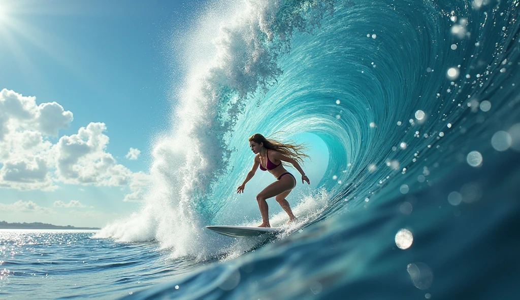 la plus haute qualité,masterpiece ,Ultra haute résolution,(réel:1.4),Photo originale,Ultra haute résolution，8k，Il y a une sublime femme surfeuse, peau claire, Maquillage exquis，Grandes vagues，Robe de soirée sublime :1.5, sublimes Longues jambes, Lumineux et beau, surf dans la vague fractale, à l'intérieur de la vague