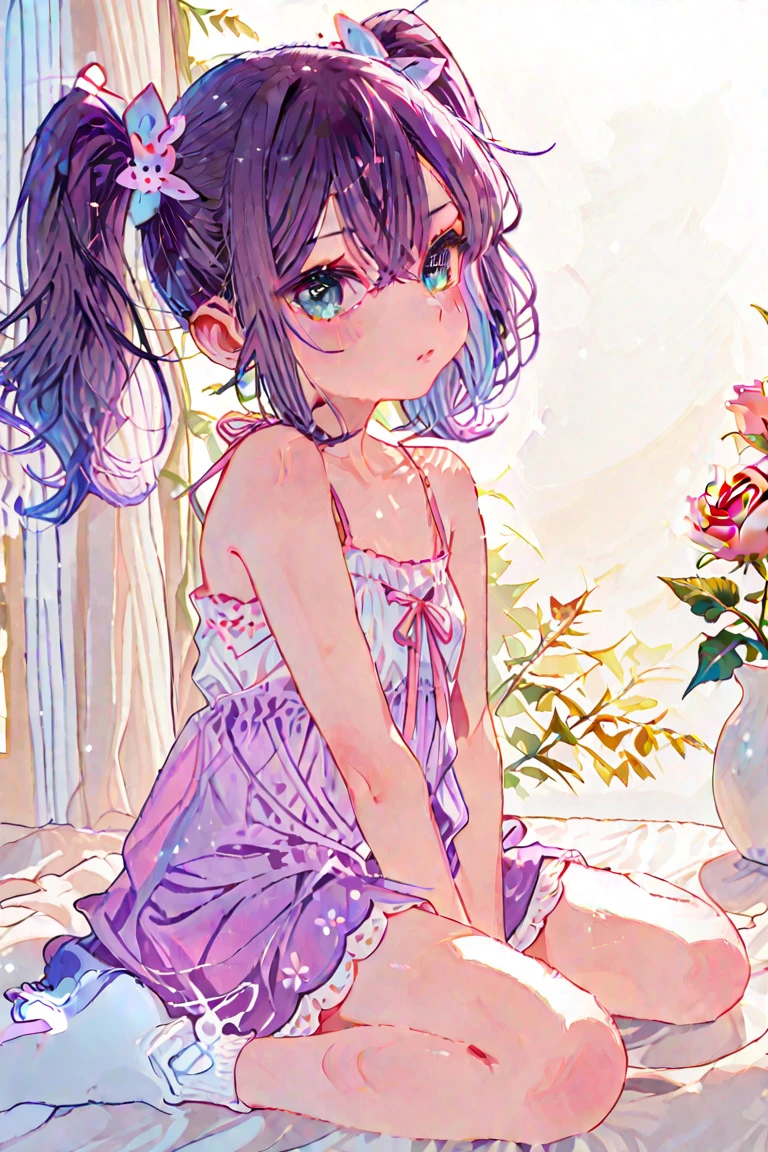 1girl,solo,short_stature,black-hair,double-buns,lightcoral-eyes,half-closed-eyes,flat-chest, white_lace-trimmed_pink_bra,pink_rose_pattern_see-through_camisole,pink_rose-pattern_bloomers,
