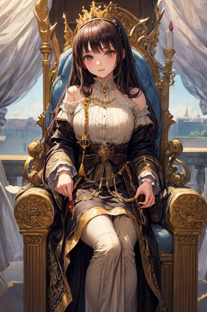 A Queen sitting on the throne, European, detailed face, dramatic lighting, cinematic angle, photorealistic, 8k, high resolution, hyper detailed, masterpiece,refiner: woman face,light beams,öpen legs