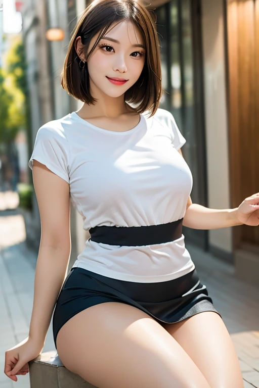 (((8k、High resolution、Highest quality、High resolution)))alone、Natural body shape、White skin、Natural Makeup、Black Hair、bangs、 Long Hair、(Big Breasts),Looking into the camera、Outdoor,(Business look), Violet ribbed short sleeve V-neck, Formal blue tight skirt,mini skirt , necklace、((Full body photo)),(((Sweat, blush, Narrow eyes, Open your mouth)))