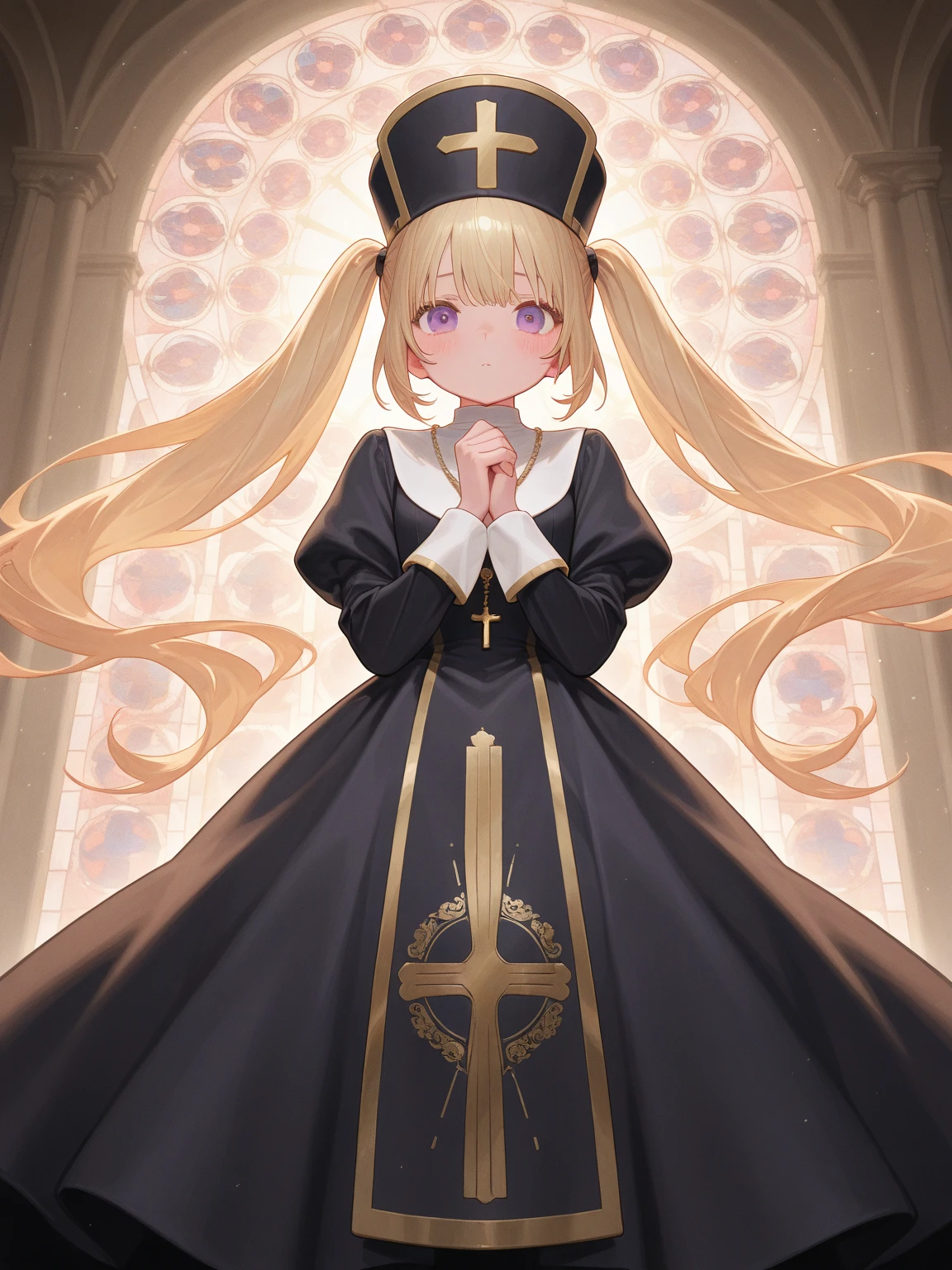 ((masterpiece)), (((best quality))),((ultra-detailed)), ((illustration)),((disheveled hair)),(((Centralization))),(church:1.61051), gloves, (detached sleeves:1.1), bare shoulders, (bracelet:1.1), bandages, armlet, (angel wings:1.1), greaves, bandaged leg, chains, tattoo, (shoujo kitou-chuu:1.331), (blonde hair:1.21), (hair strand:1.1), (jewelry:1.1), (halo:1.21), (feather hair ornament:1.21), straight-on, (1girl:1.661), (nun:1.21),earrings, medium breasts, neck ribbon, tears, (backlighting:1.21), (absurdres:1.331), (pentagram:1.1), (wide shot:1.21), (symmetry:1.21), (own hands together:1.331),(head down),((yellow eyes)),((from below))