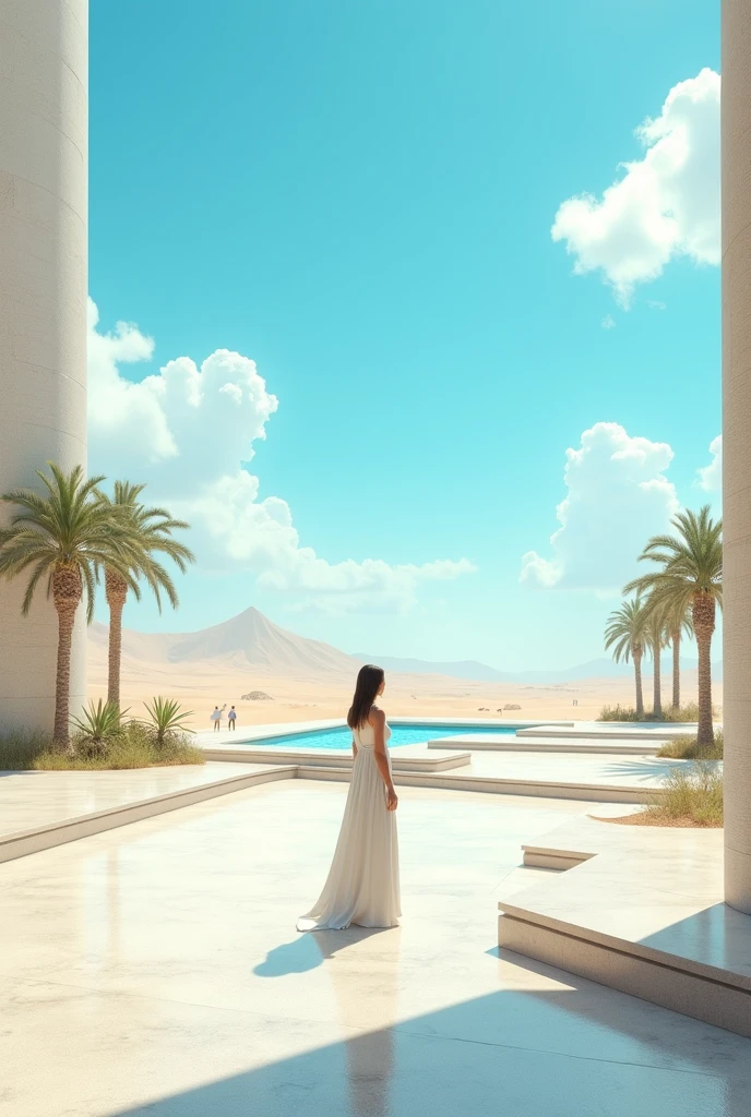 Greek city of ancient architecture and with Egyptian pyramids of white color and surrounded by the sea and a young woman with red and wavy hair on the beach --auto --s2